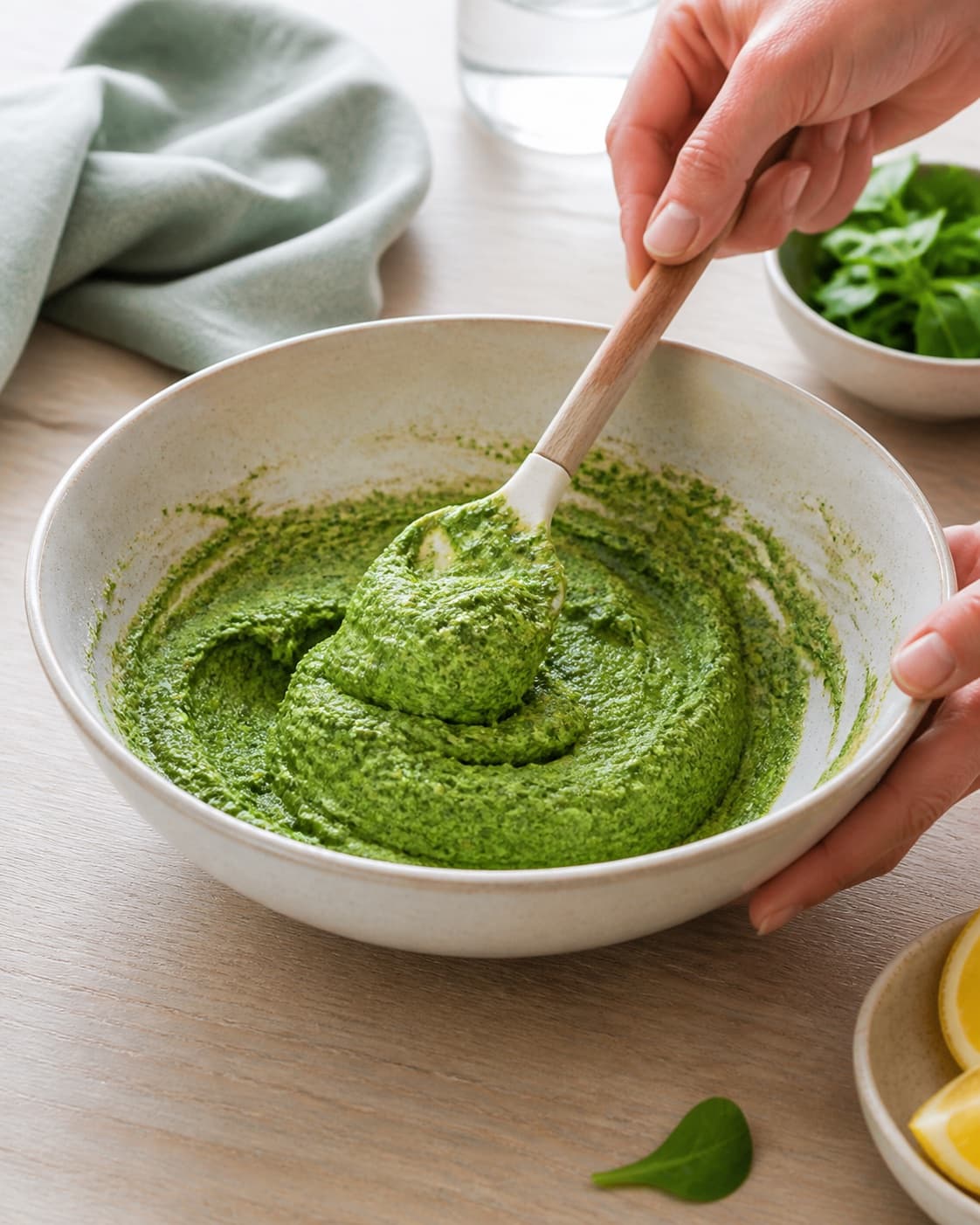 grøn pandekagedej blandes til en fast masse til spinatpandekagerne under tilberedningen af spinatpandekager med varmrøget laks og avocado