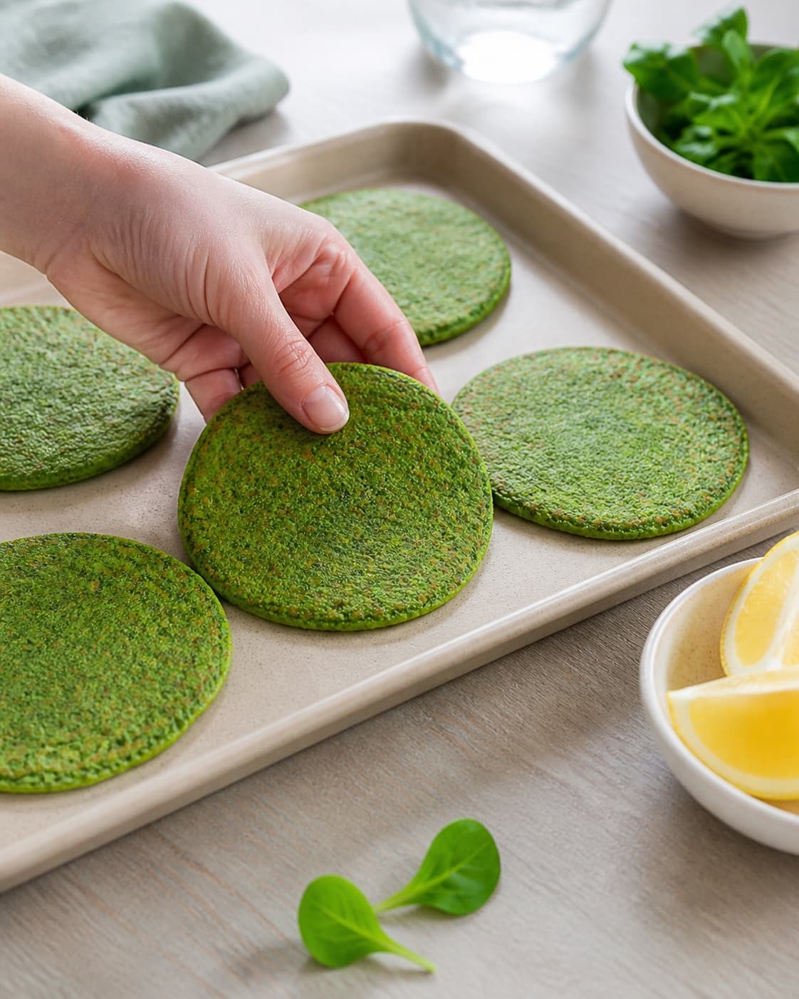 spinatpandekagerne formes i ens emner på en plade under tilberedningen af spinatpandekager med varmrøget laks og avocado
