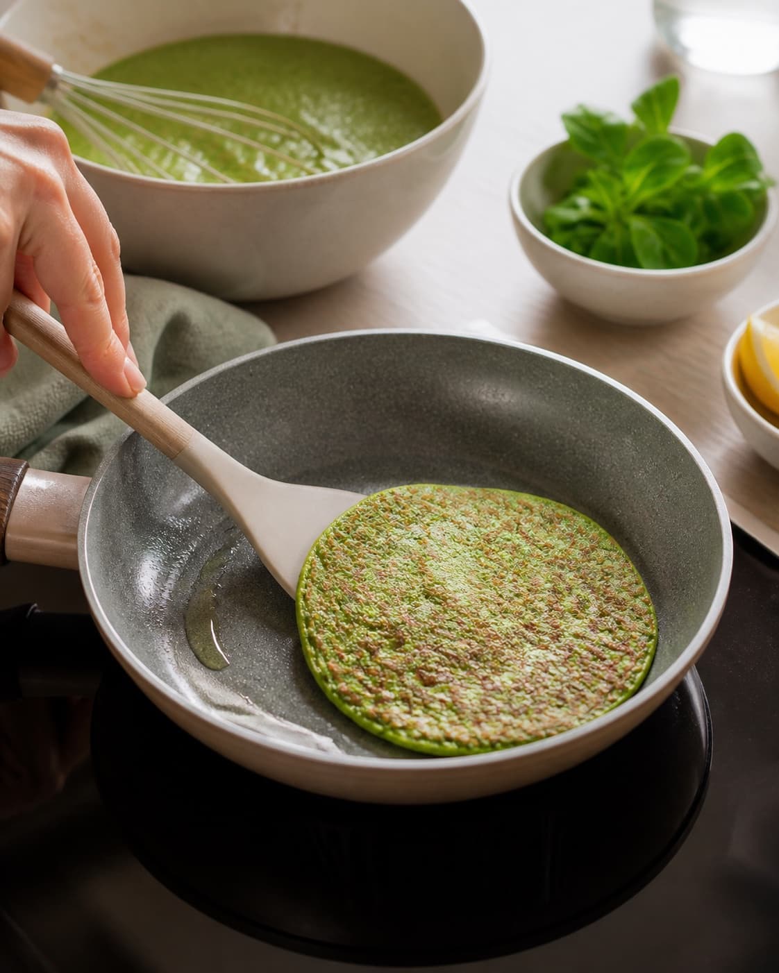 spinatpandekagerne steger gylden i små hold under tilberedningen af spinatpandekager med varmrøget laks og avocado