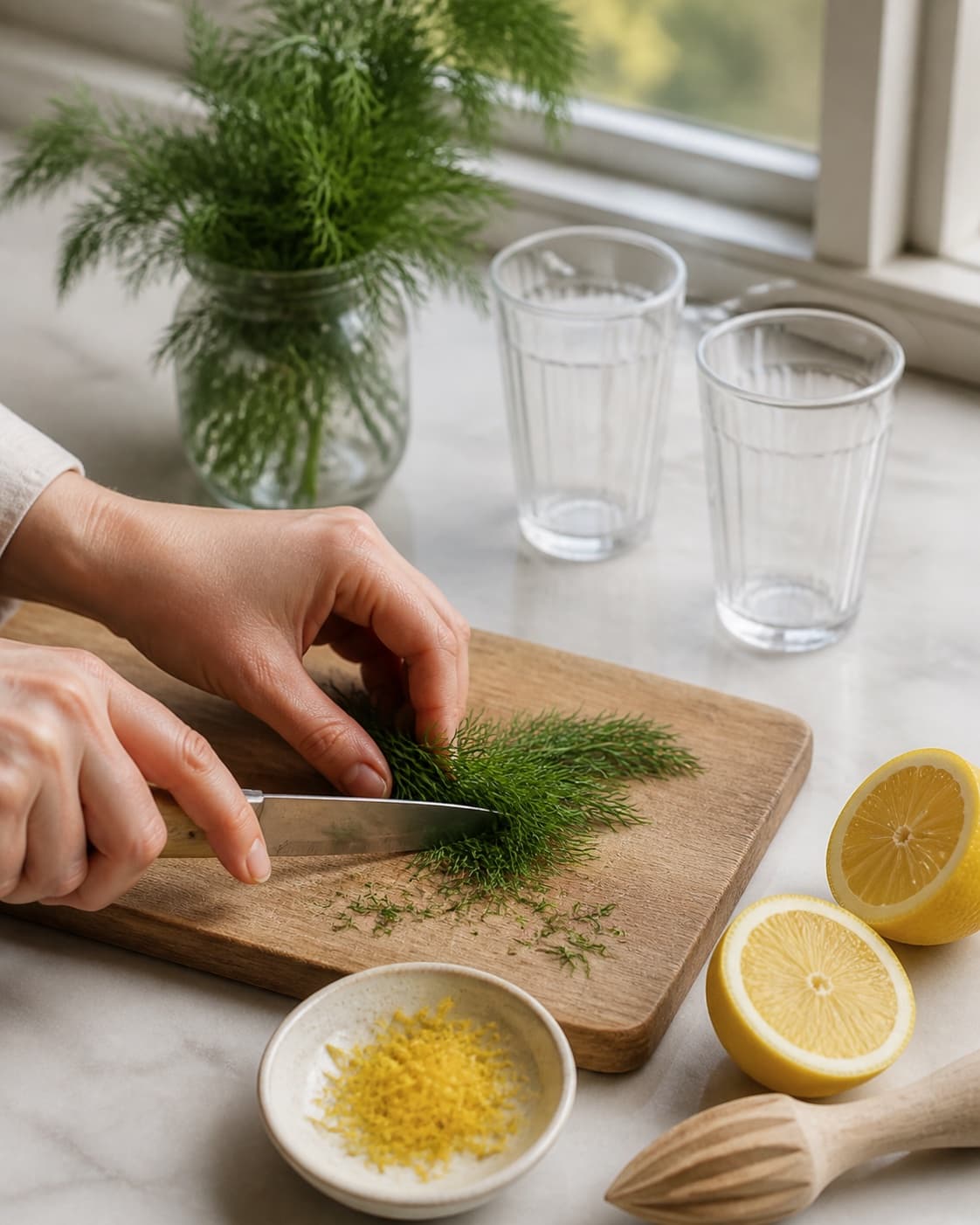 dild og citronskal renses ved siden af rene glas under tilberedningen af dilddressing med citron, skyr og sennep
