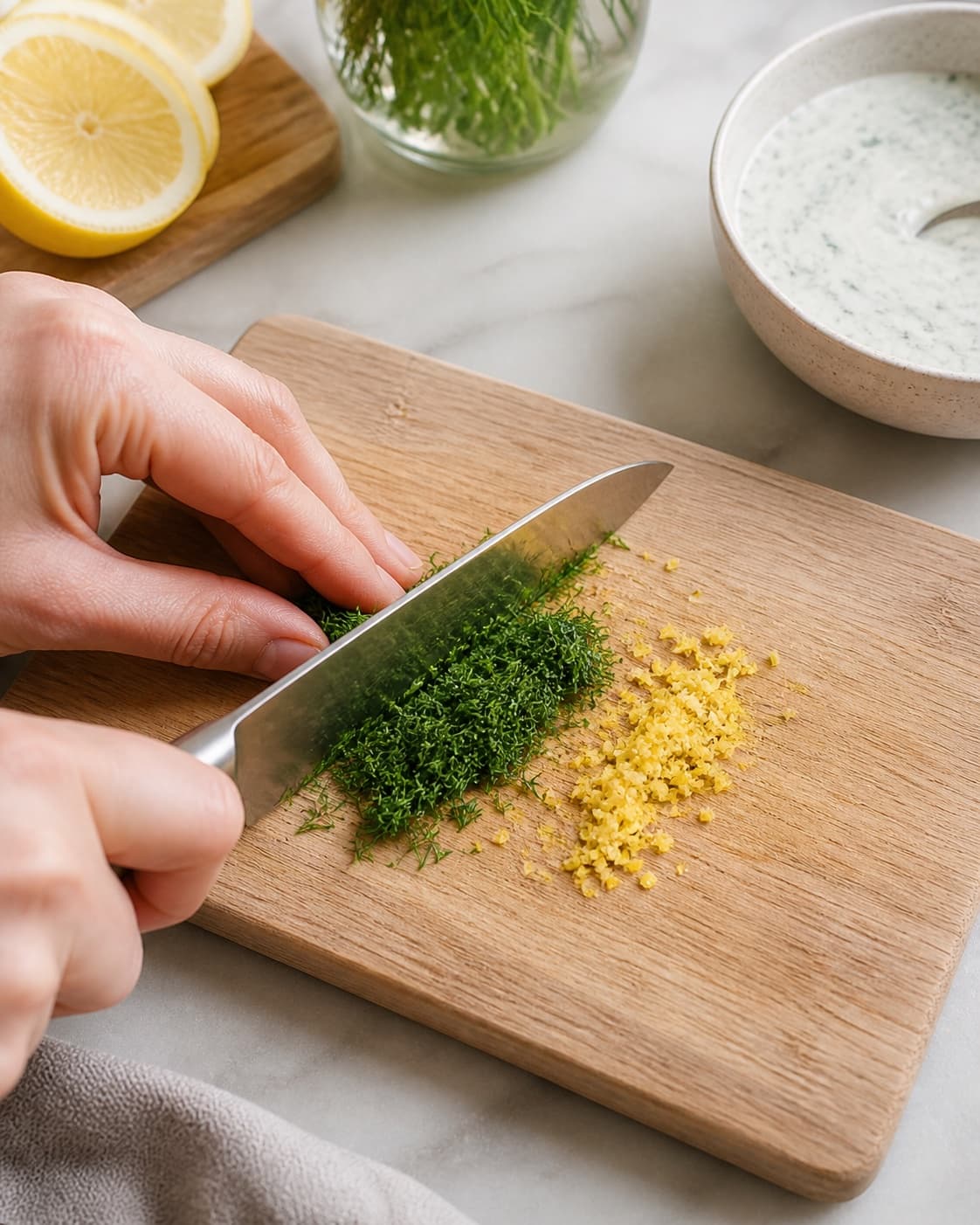 dild og citronskal skæres ensartet til dilddressingen under tilberedningen af dilddressing med citron, skyr og sennep