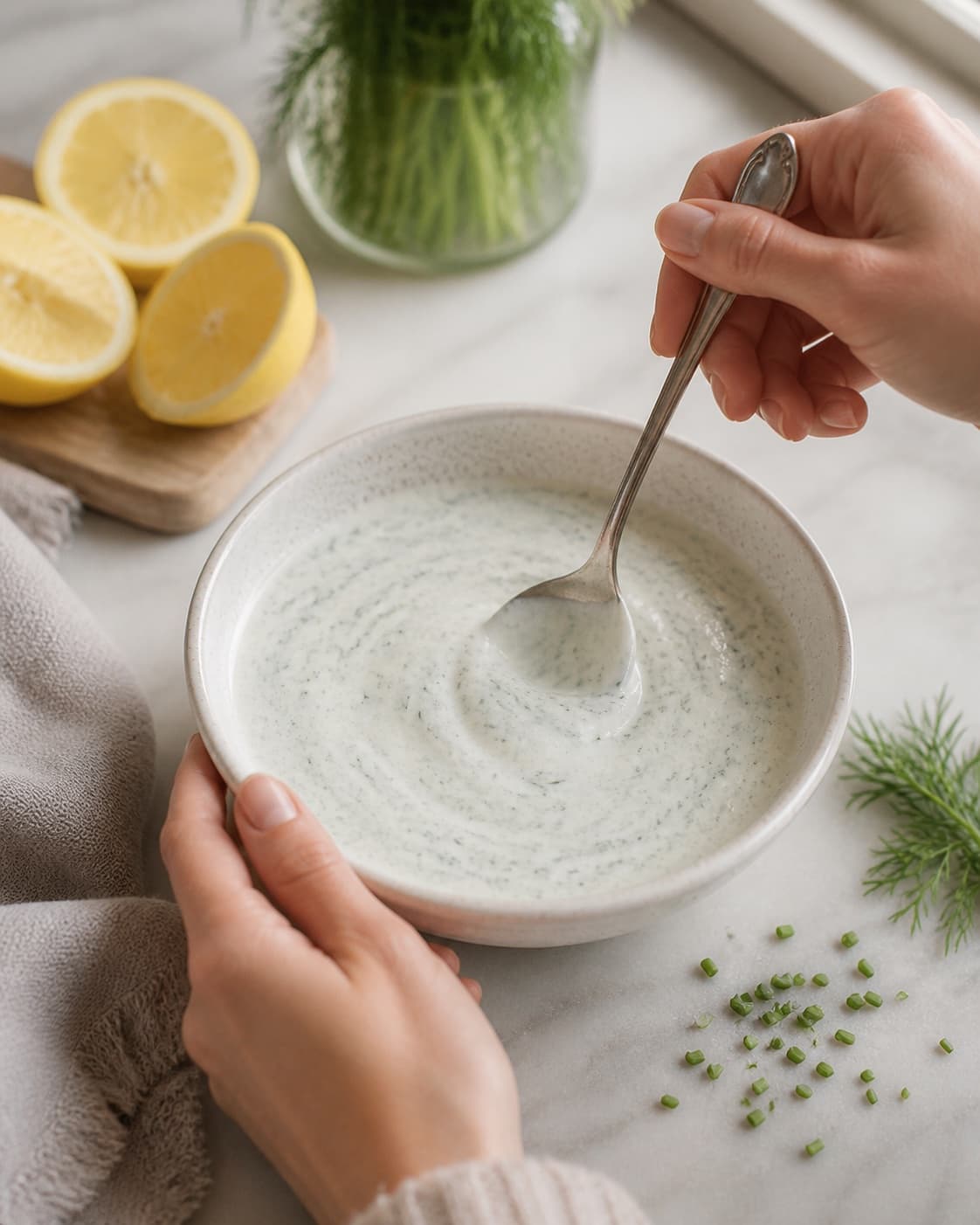 dilddressingen samles rent uden luftlommer under tilberedningen af dilddressing med citron, skyr og sennep