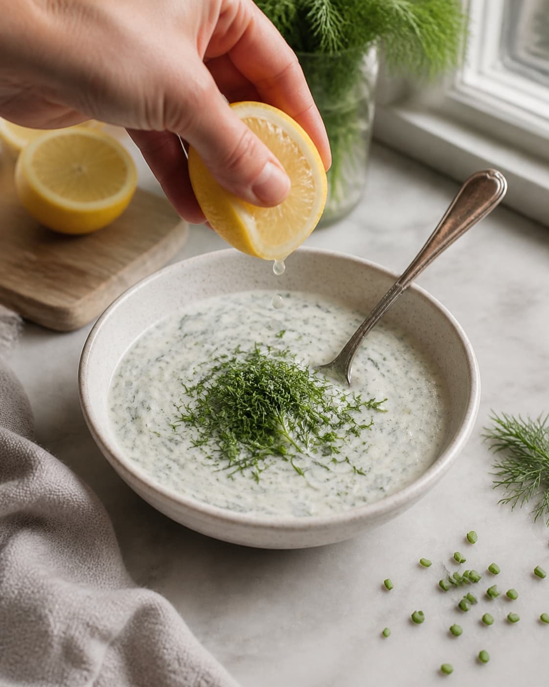 dilddressingen står koldt og afsluttes med frisk dild og citronsaft under tilberedningen af dilddressing med citron, skyr og sennep