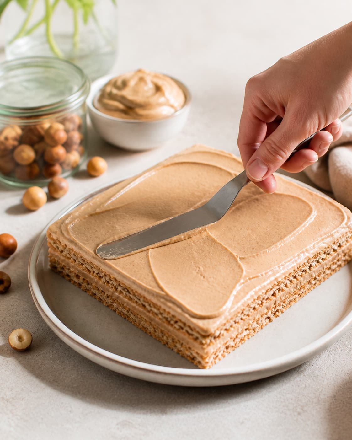 nougat-kaffecreme fordeles jævnt i den ubagte fragilitékagen under tilberedningen af fragilité med hasselnød, nougatcreme og kaffe