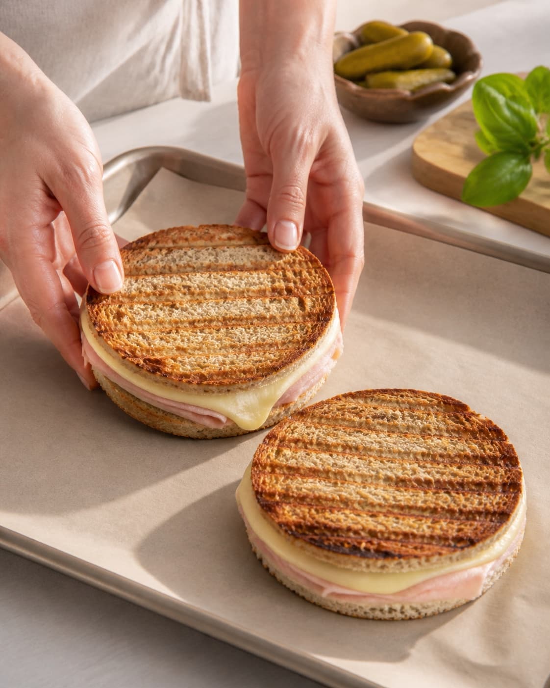 toastene formes i ens emner på en plade under tilberedningen af toast med skinke, havarti og dijonsmør