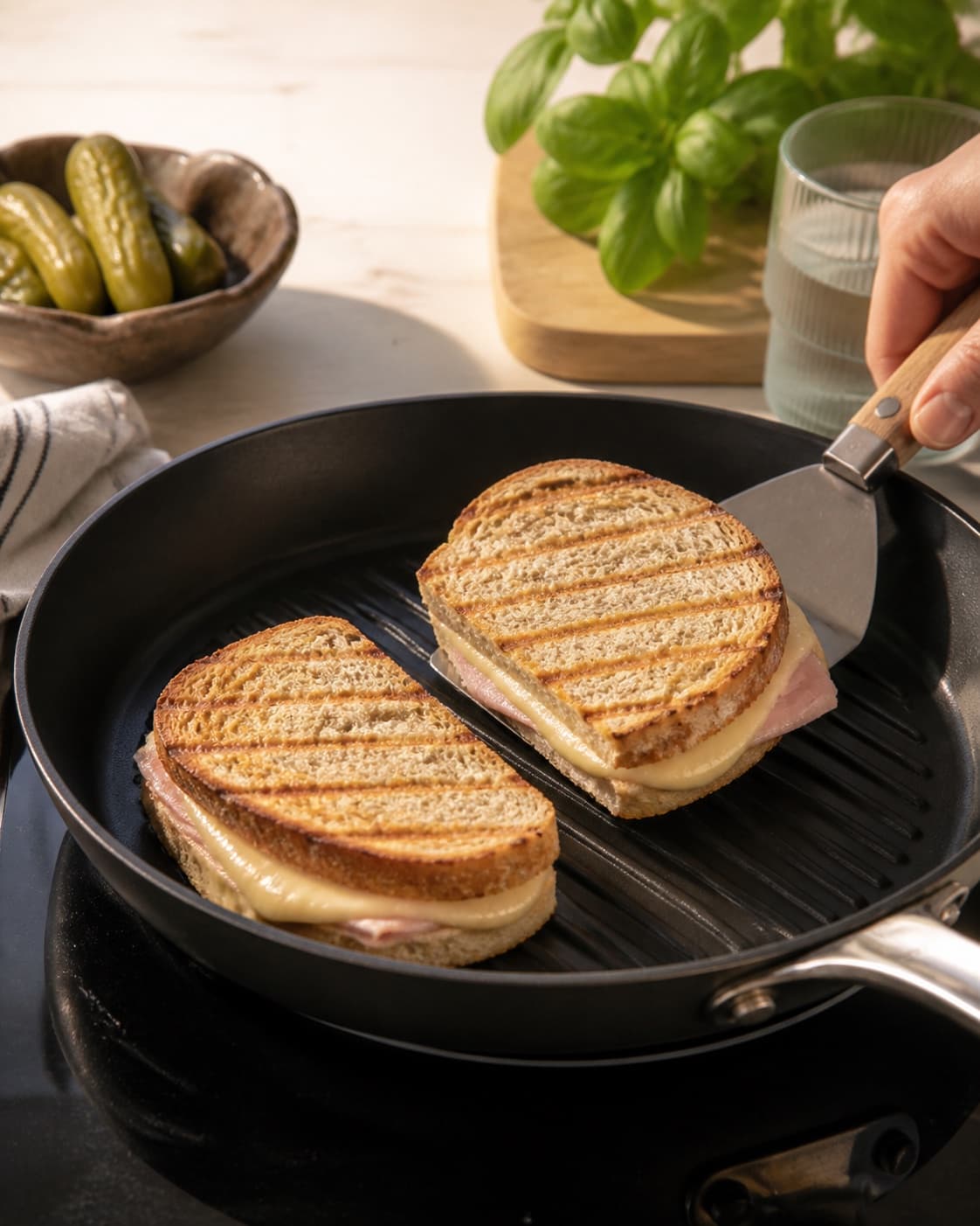 toastene steger gylden i små hold under tilberedningen af toast med skinke, havarti og dijonsmør