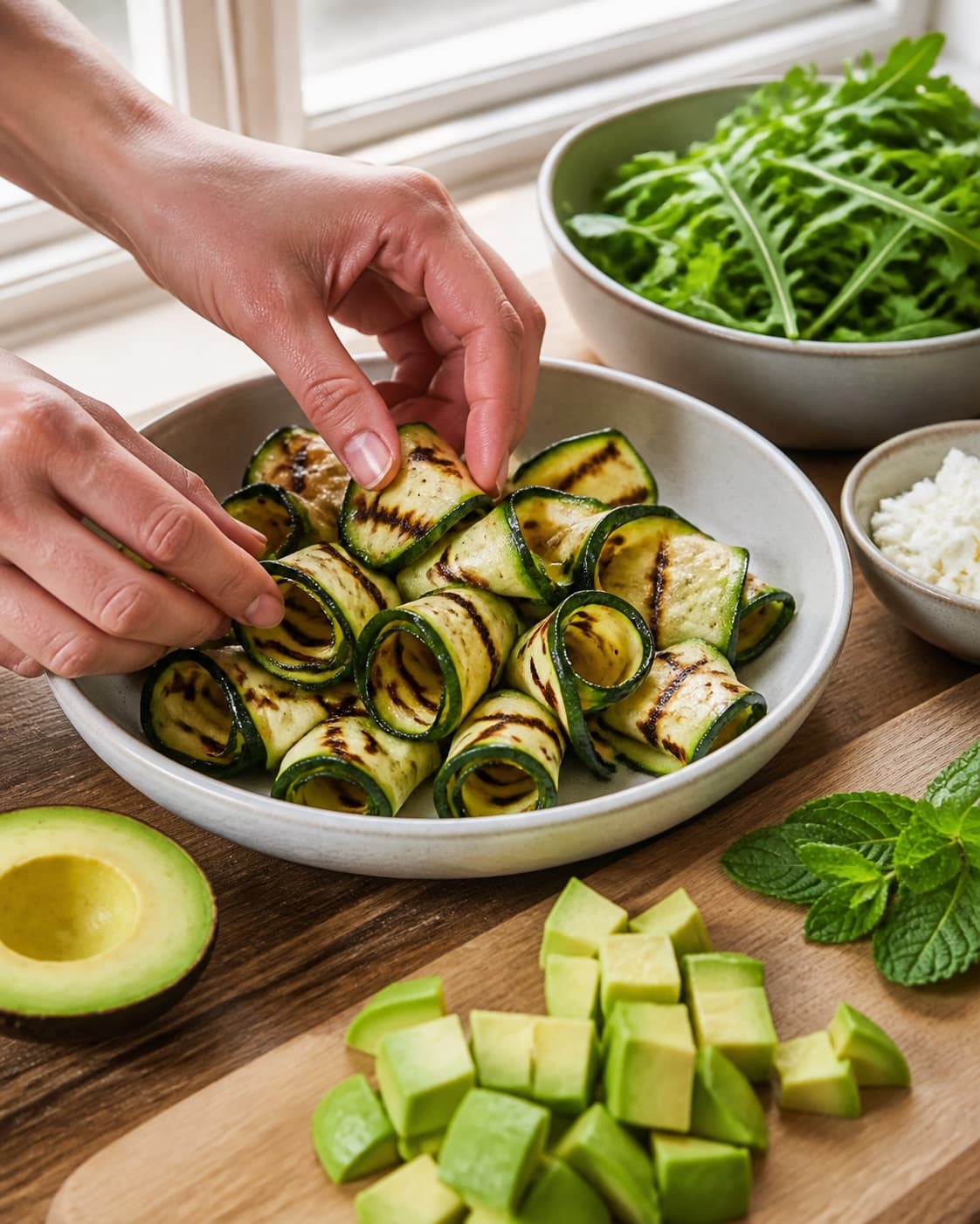 grillede squashbånd, avocado og rucola klargøres ensartet til squashsalaten under tilberedningen af grillet squashsalat med avocado, mynte og feta