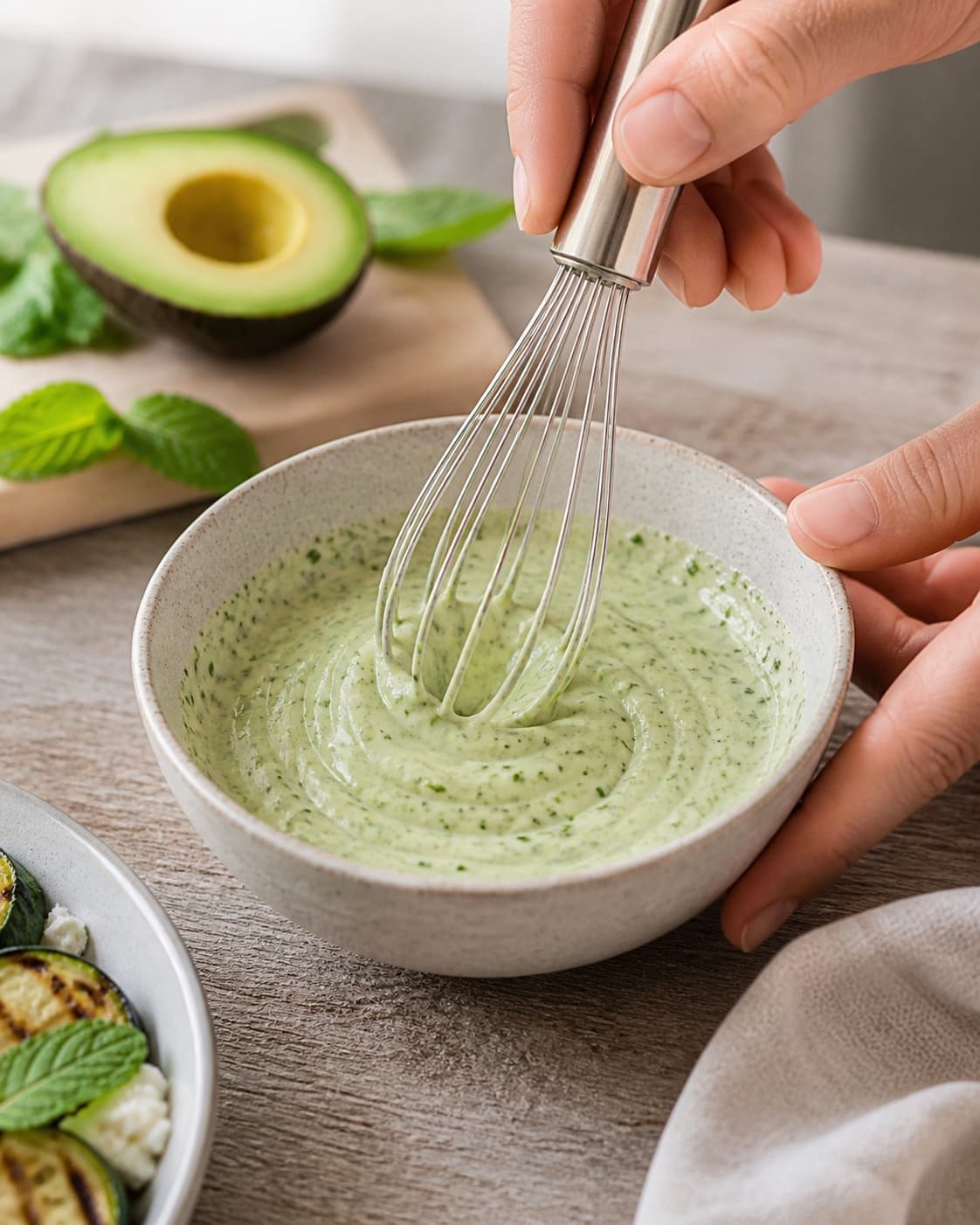mynte-citrondressingen piskes blank i en lille skål under tilberedningen af grillet squashsalat med avocado, mynte og feta