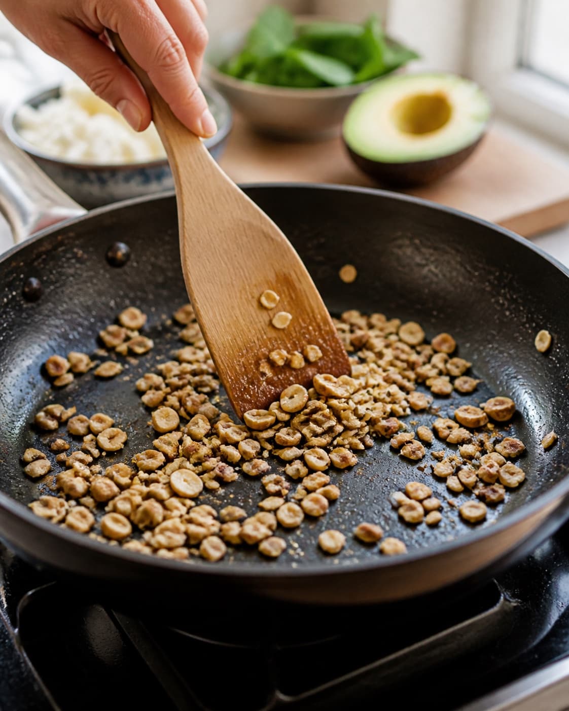 Sprødt tilbehør ristes gyldent til squashsalaten under tilberedningen af grillet squashsalat med avocado, mynte og feta