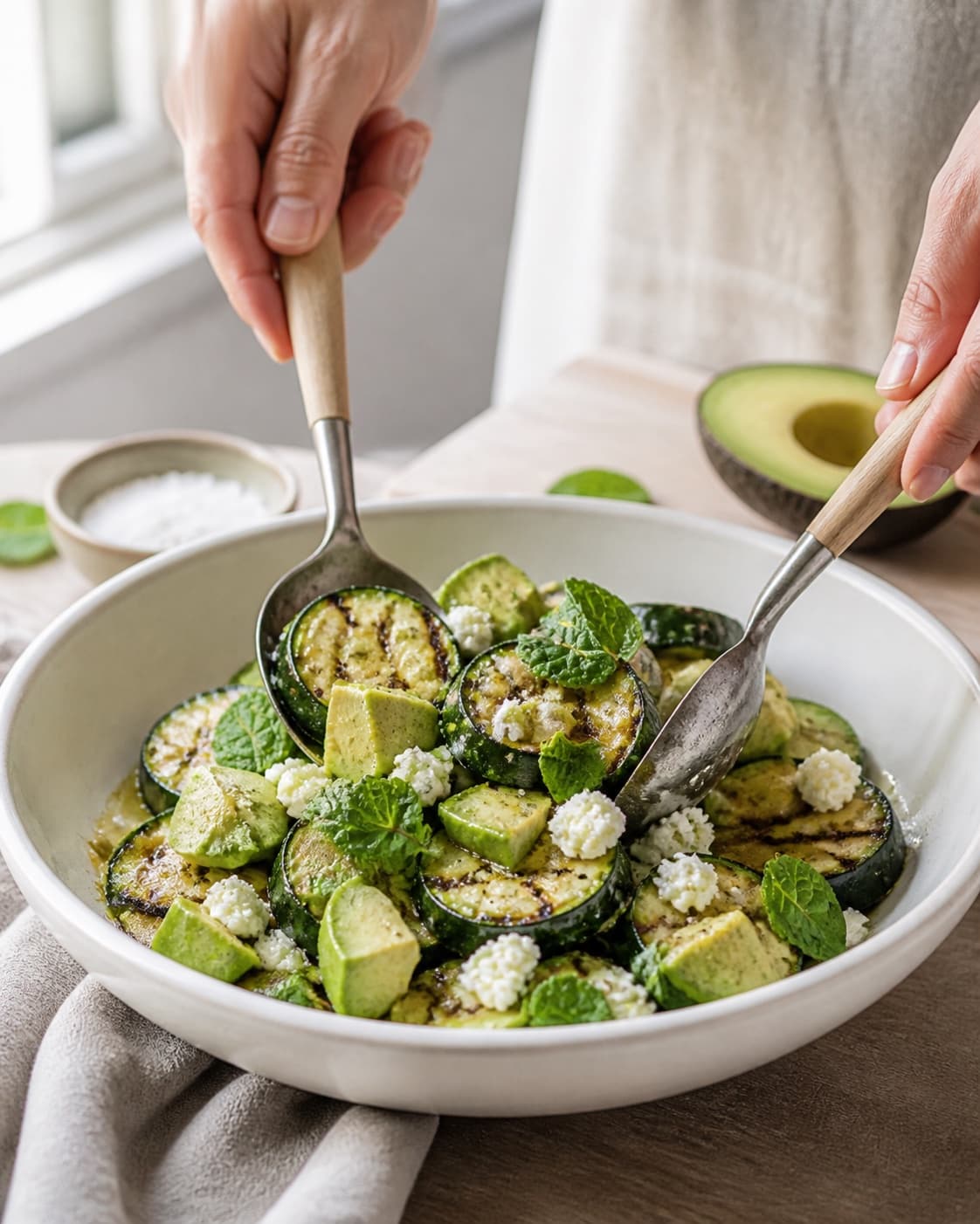 squashsalaten vendes nænsomt med mynte-citrondressingen under tilberedningen af grillet squashsalat med avocado, mynte og feta
