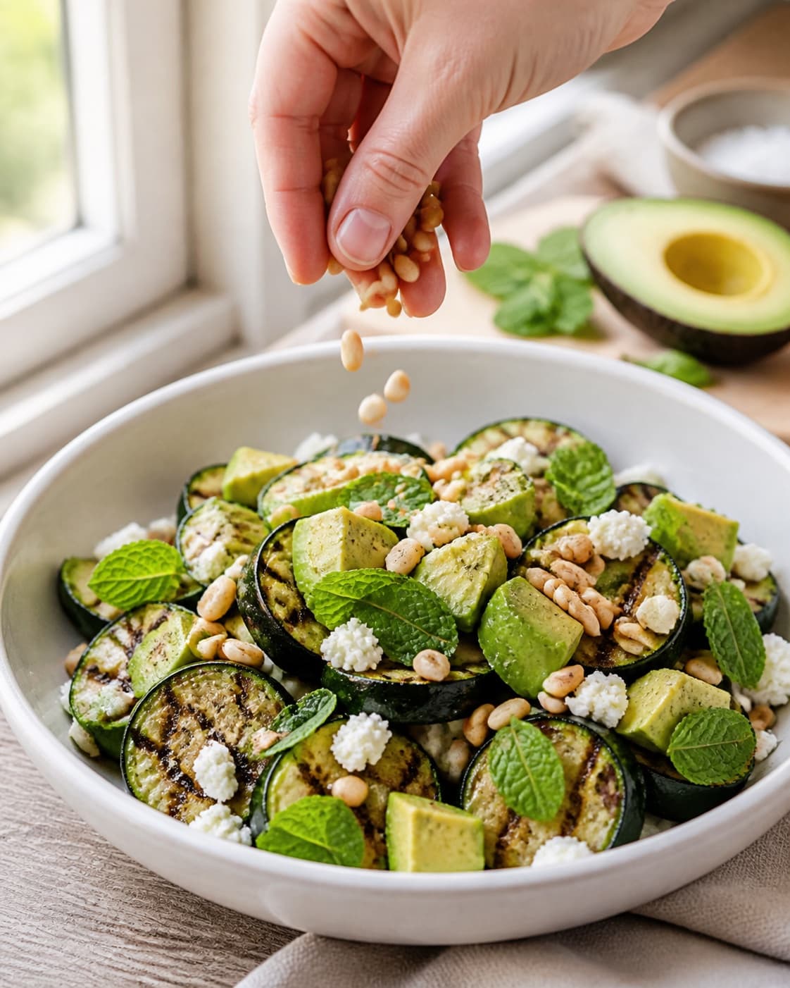 squashsalaten anrettes luftigt med feta og ristede pinjekerner under tilberedningen af grillet squashsalat med avocado, mynte og feta
