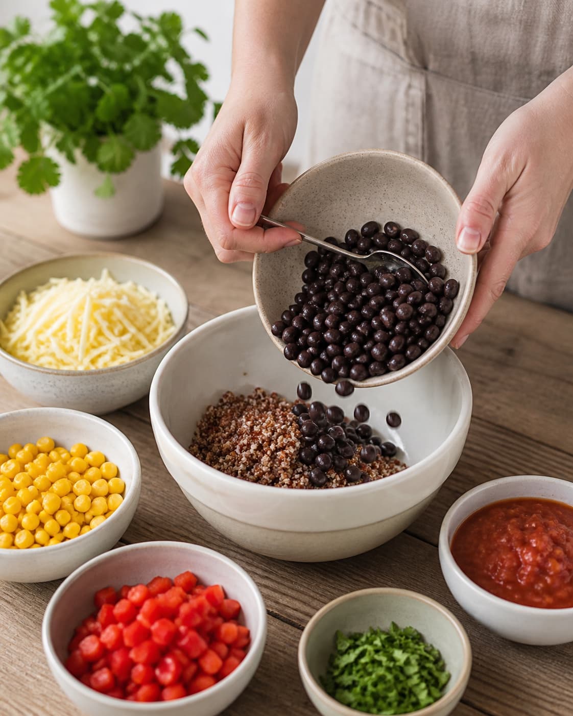 Afvejede råvarer til de fyldte peberfrugter ligger adskilt i lyse skåle under tilberedningen af fyldte peberfrugter med quinoa, sorte bønner og majs