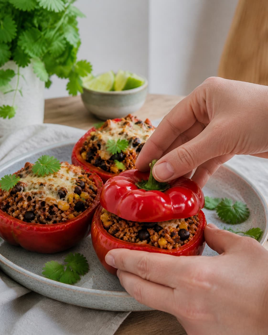 de halverede peberfrugter samles nænsomt til de fyldte peberfrugter under tilberedningen af fyldte peberfrugter med quinoa, sorte bønner og majs