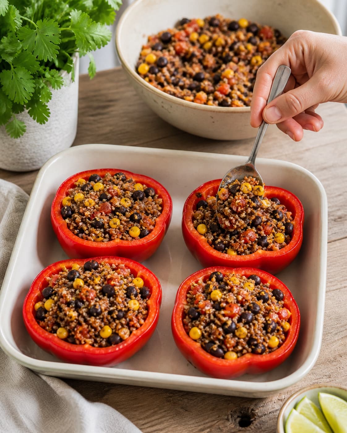 quinoa, sorte bønner, majs og tomat fordeles jævnt i den ubagte de fyldte peberfrugter under tilberedningen af fyldte peberfrugter med quinoa, sorte bønner og majs