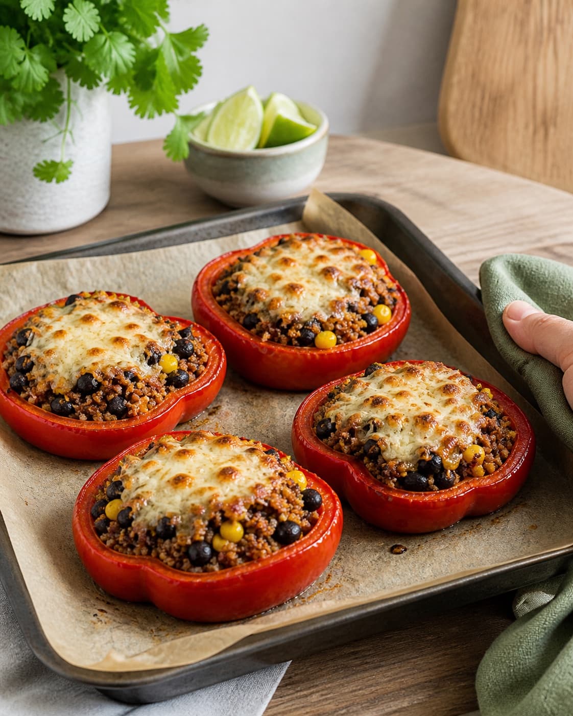 de fyldte peberfrugter bager gylden med synligt fast centrum under tilberedningen af fyldte peberfrugter med quinoa, sorte bønner og majs