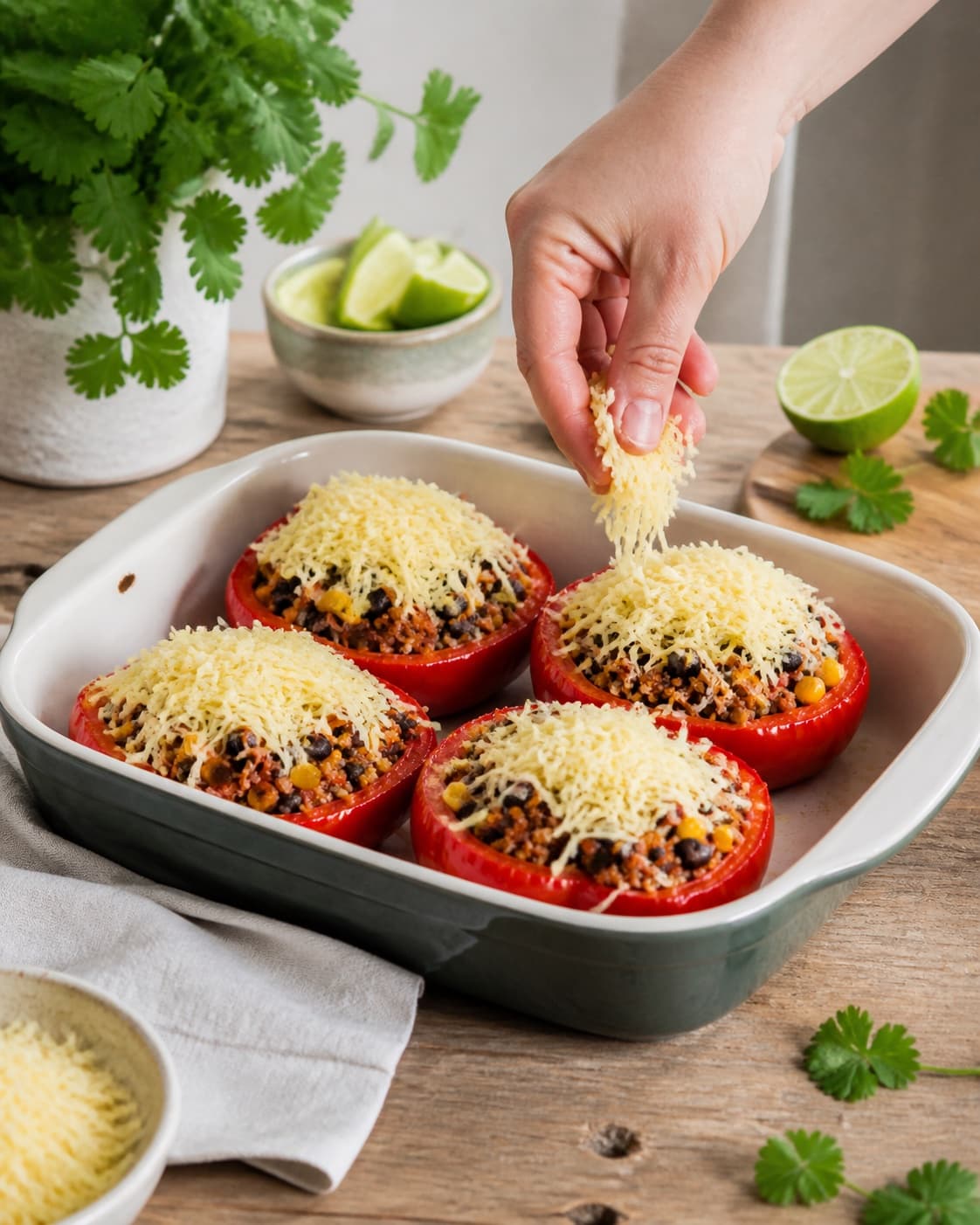 de fyldte peberfrugter hviler før cheddar, lime og koriander tilføjes under tilberedningen af fyldte peberfrugter med quinoa, sorte bønner og majs