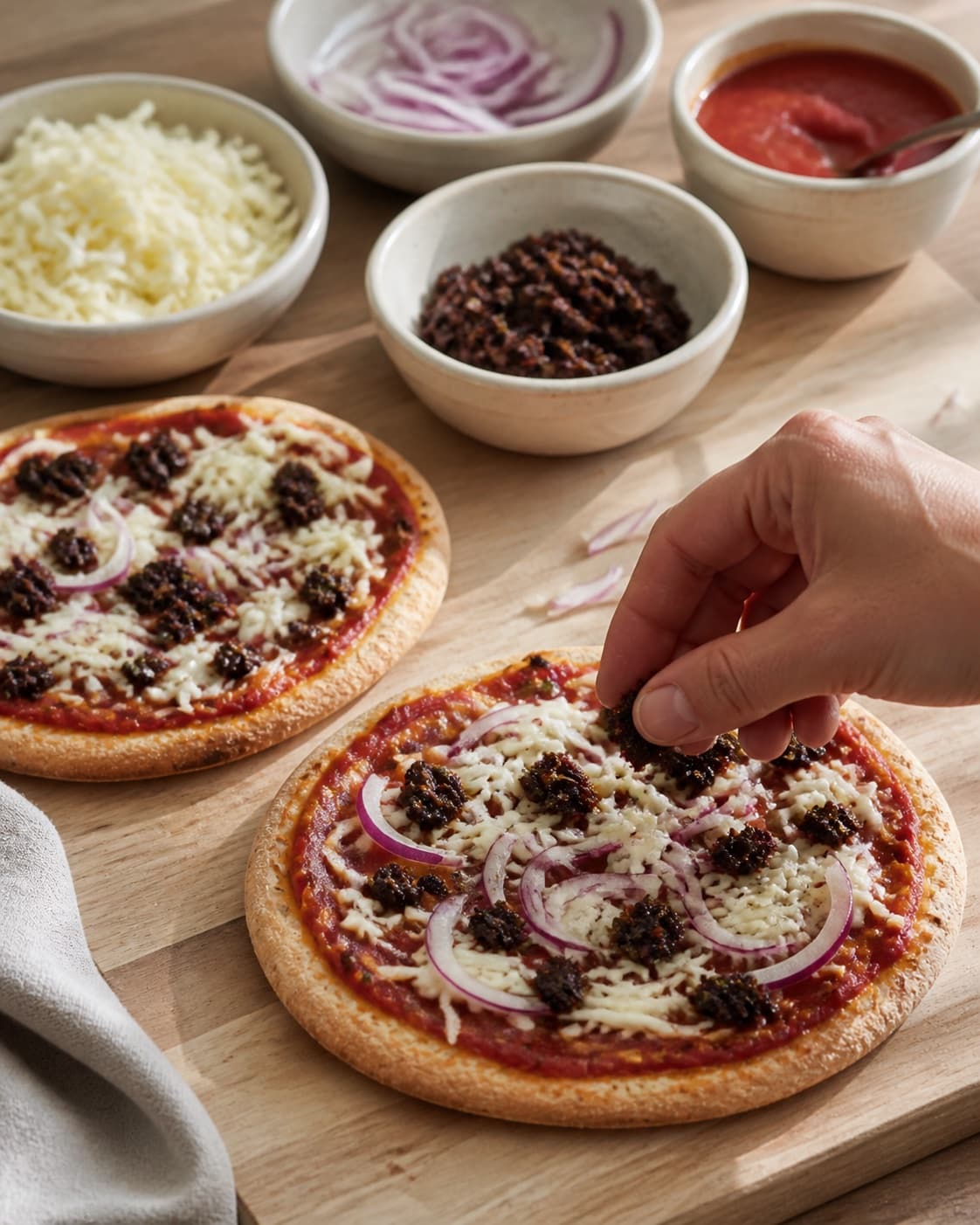 Afvejede råvarer til pitapizzaerne ligger adskilt i lyse skåle under tilberedningen af pitapizza med tomat, mozzarella og oliventapenade