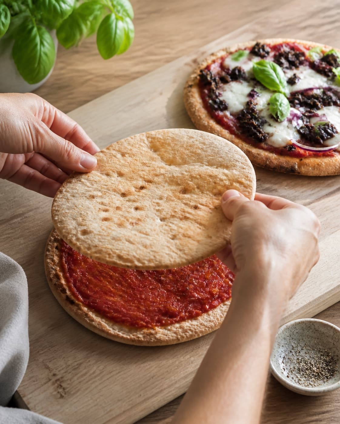 pitabrødene med passata samles nænsomt til pitapizzaerne under tilberedningen af pitapizza med tomat, mozzarella og oliventapenade