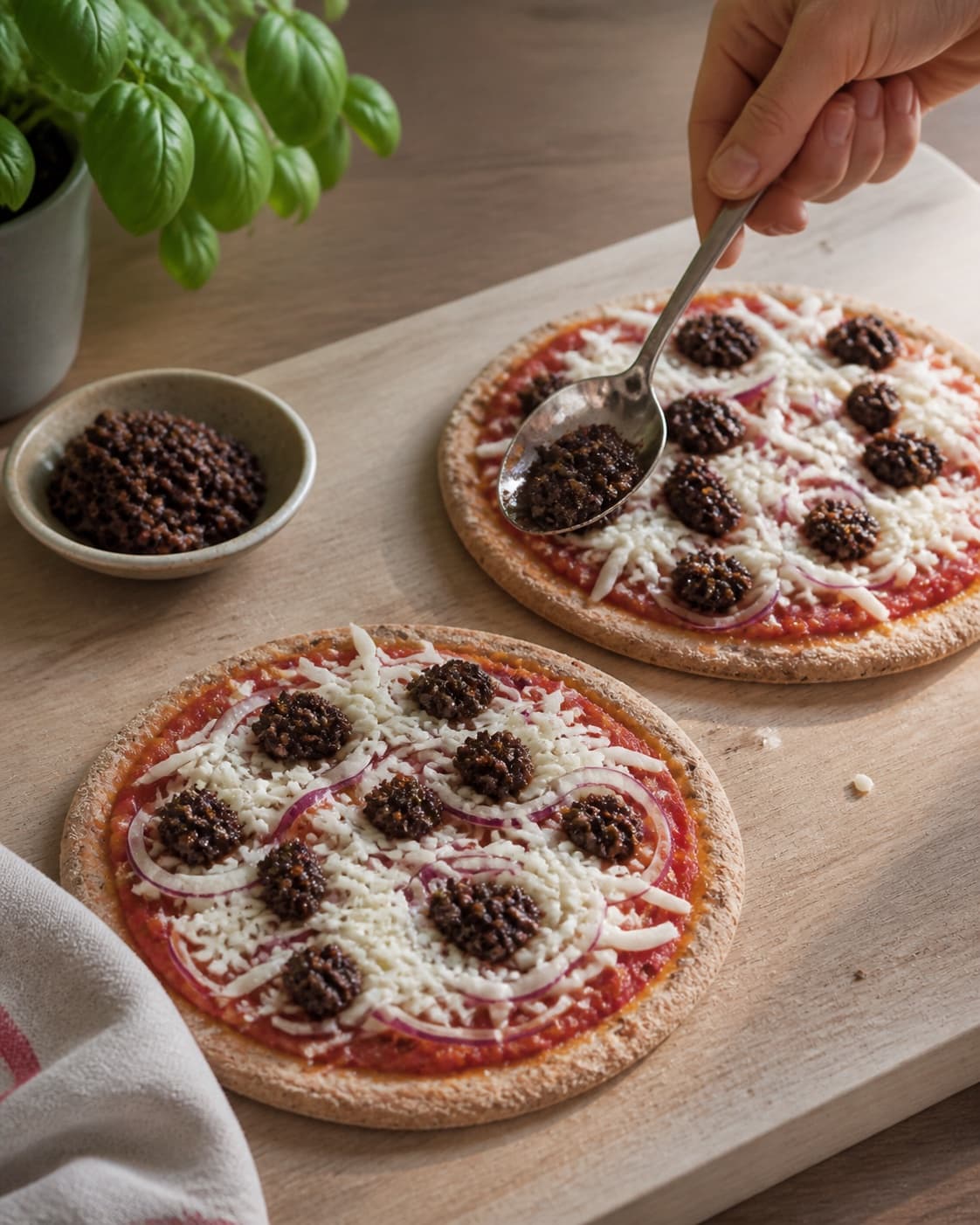 mozzarella, tomat og oliventapenade fordeles jævnt i den ubagte pitapizzaerne under tilberedningen af pitapizza med tomat, mozzarella og oliventapenade