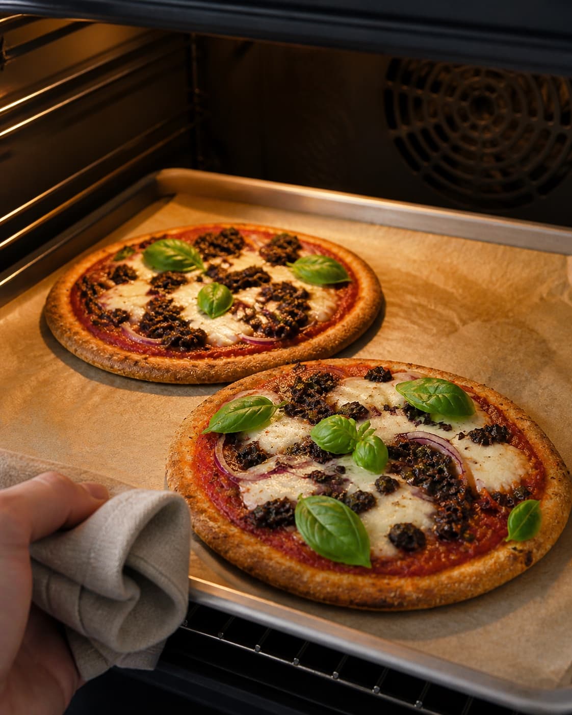 pitapizzaerne bager gylden med synligt fast centrum under tilberedningen af pitapizza med tomat, mozzarella og oliventapenade