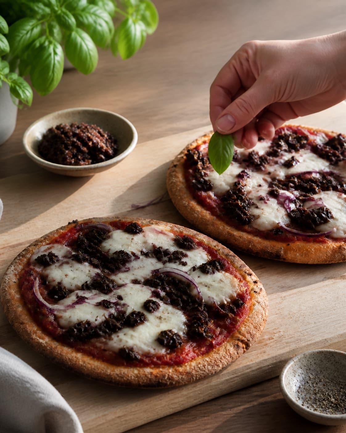 pitapizzaerne hviler før basilikum og parmesan tilføjes under tilberedningen af pitapizza med tomat, mozzarella og oliventapenade