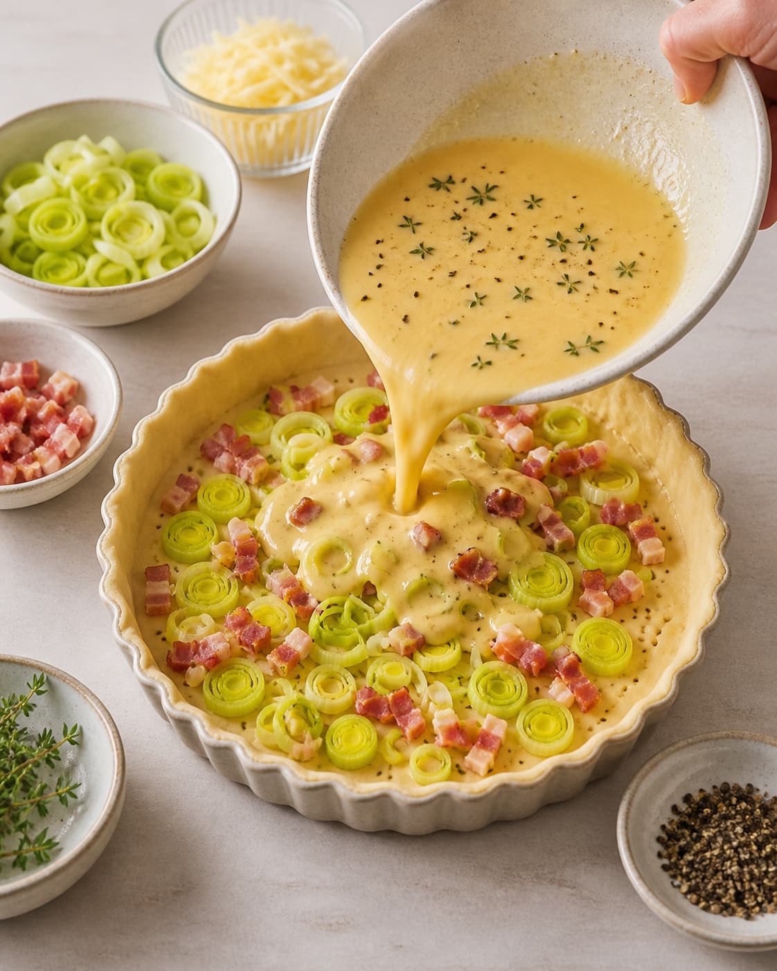 Afvejede råvarer til porretærten ligger adskilt i lyse skåle under tilberedningen af porretærte med bacon, timian og grov sennep