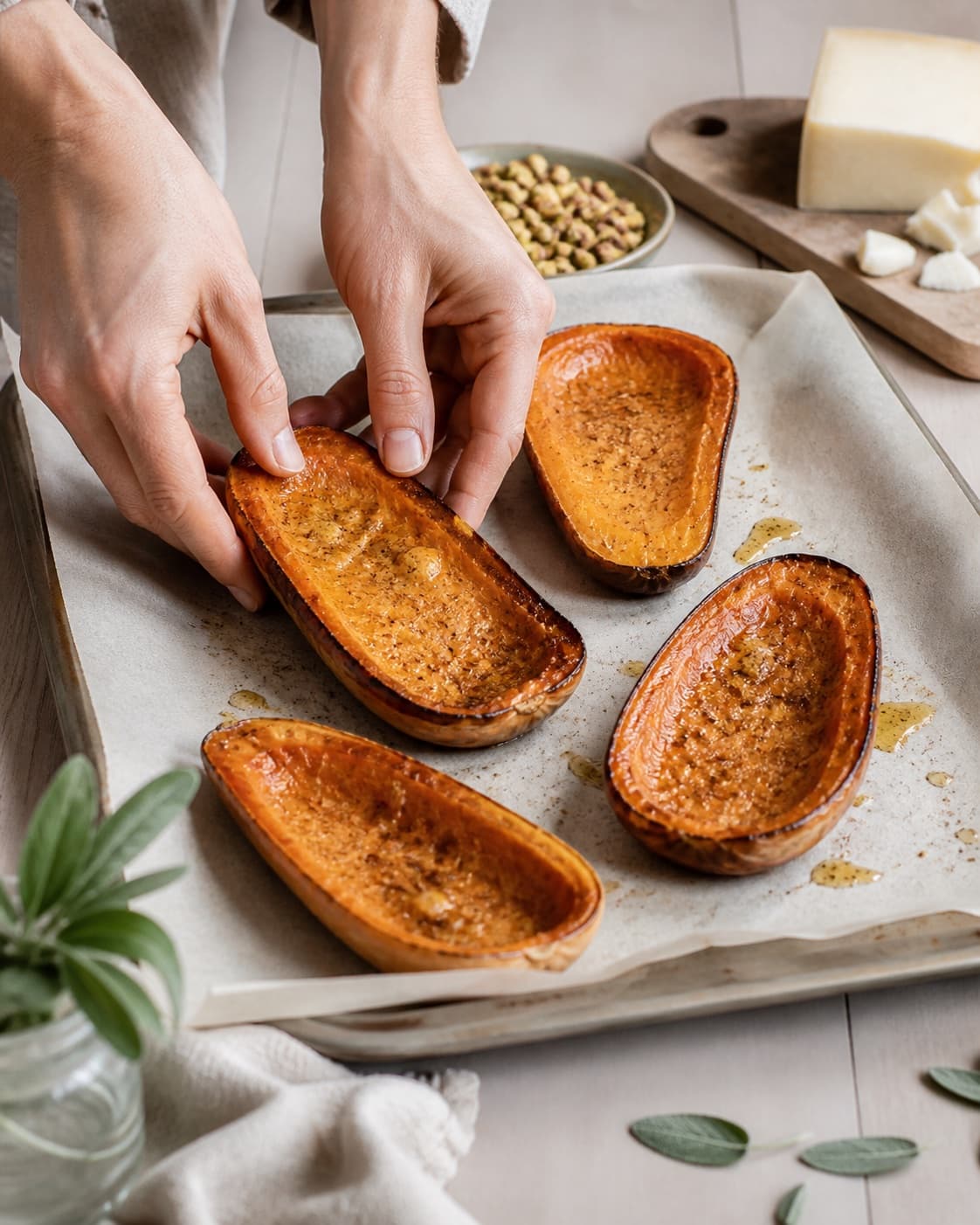 butternutbåde klargøres ensartet til den bagte butternut under tilberedningen af bagt butternut med rygeost, pistacie og salvie