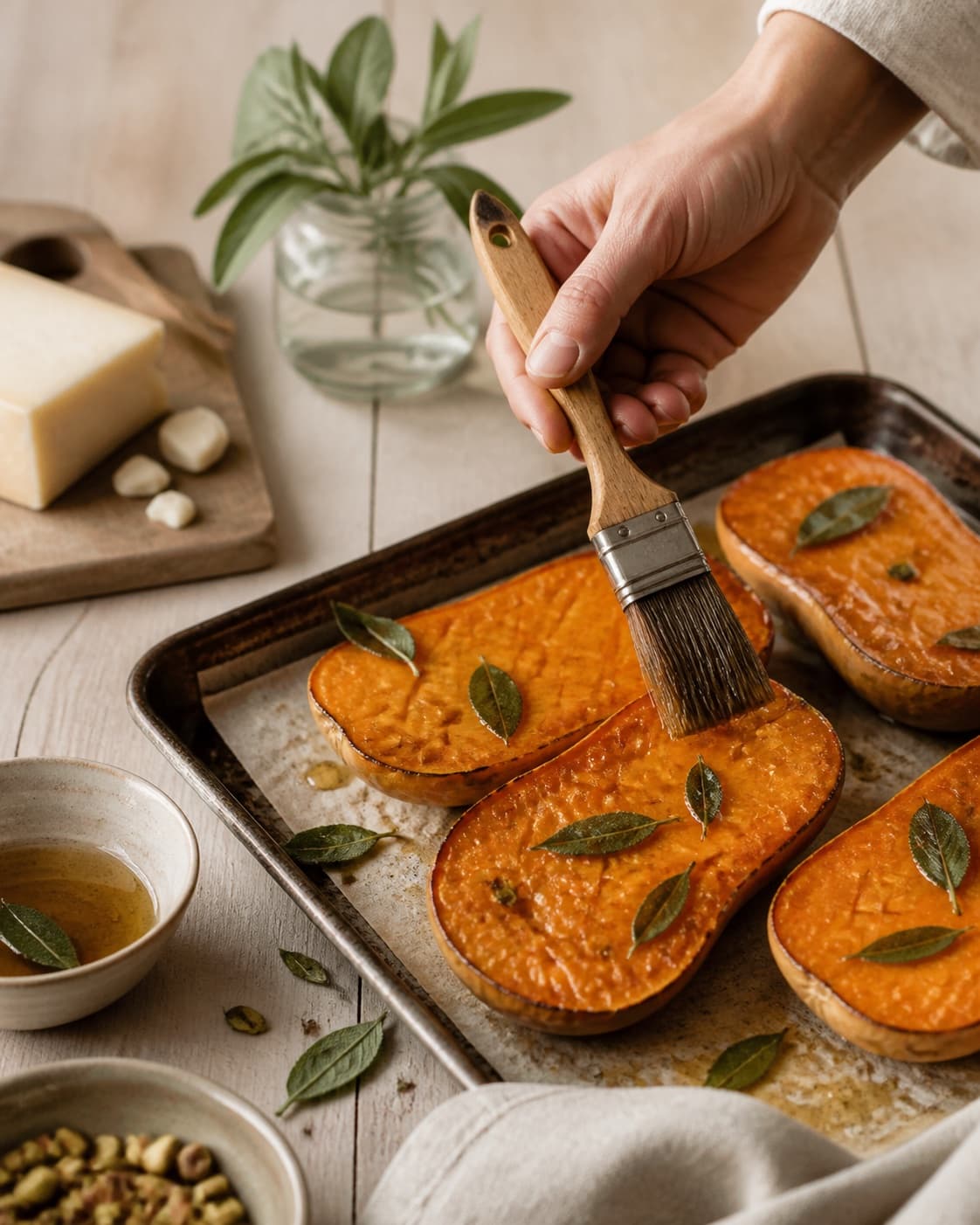 butternutbåde pensles jævnt med olie, honning, citron og salvie under tilberedningen af bagt butternut med rygeost, pistacie og salvie