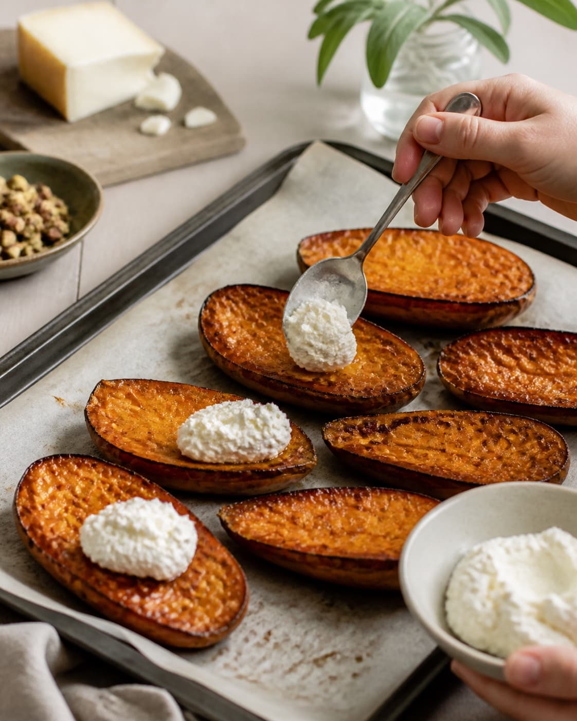 den bagte butternut steger gylden med tydelige karamelliserede kanter under tilberedningen af bagt butternut med rygeost, pistacie og salvie