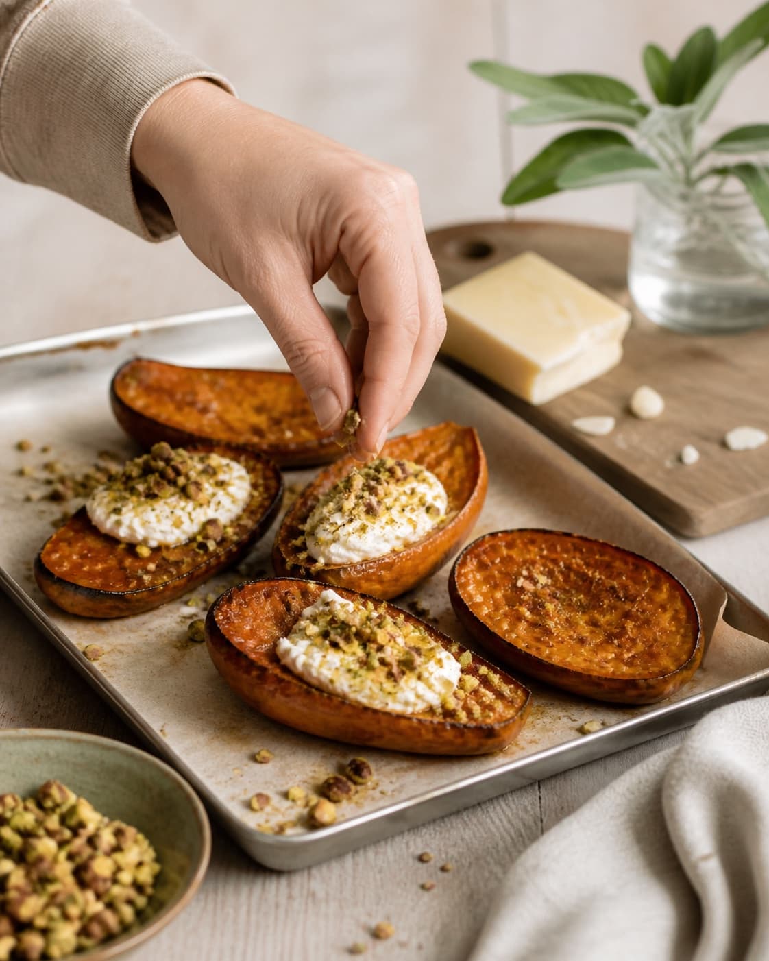 den bagte butternut anrettes med rygeostcreme, pistacie og rugknas under tilberedningen af bagt butternut med rygeost, pistacie og salvie