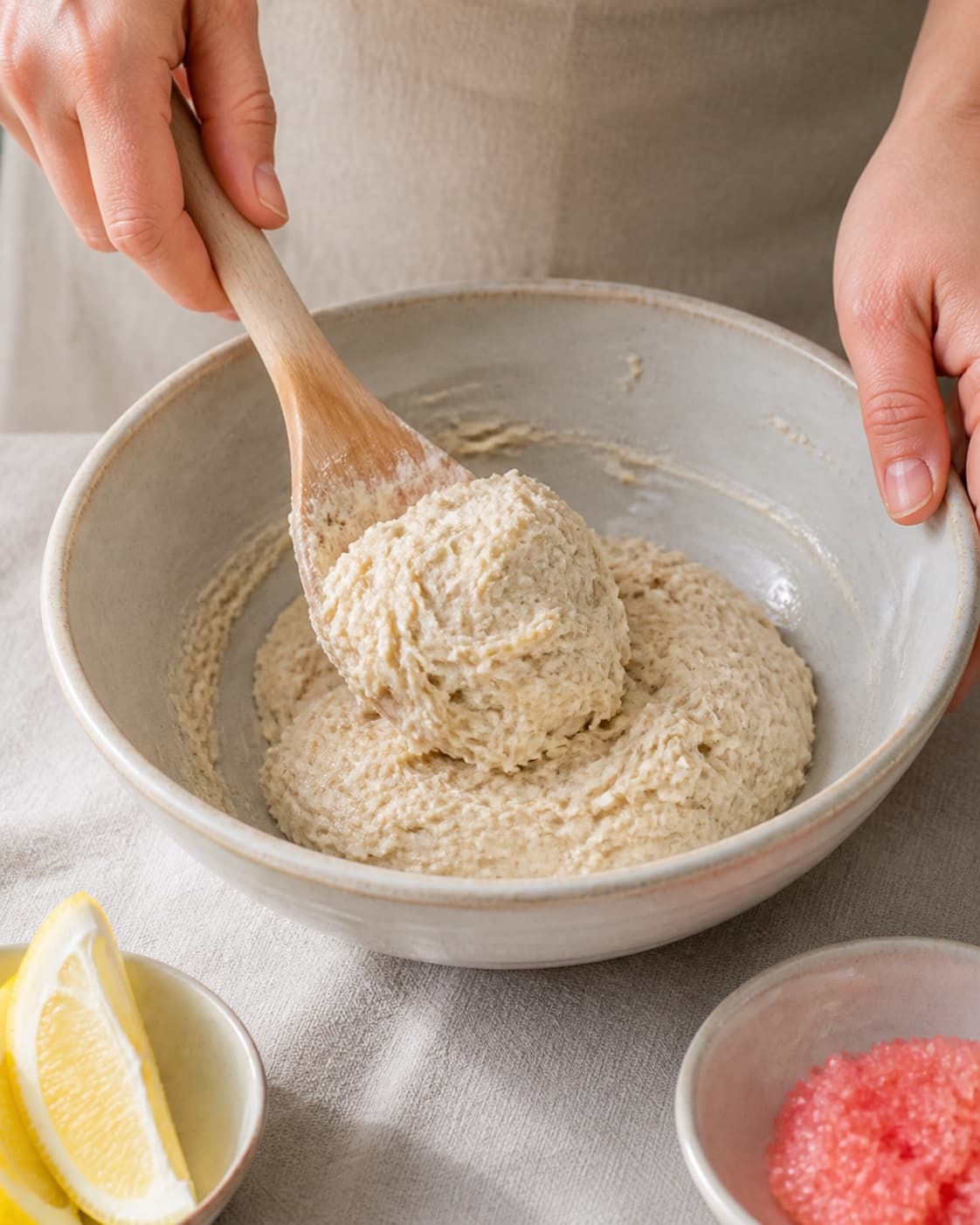 boghvededejen blandes til en fast masse til blinisene under tilberedningen af blinis med stenbiderrogn, dild og citroncreme