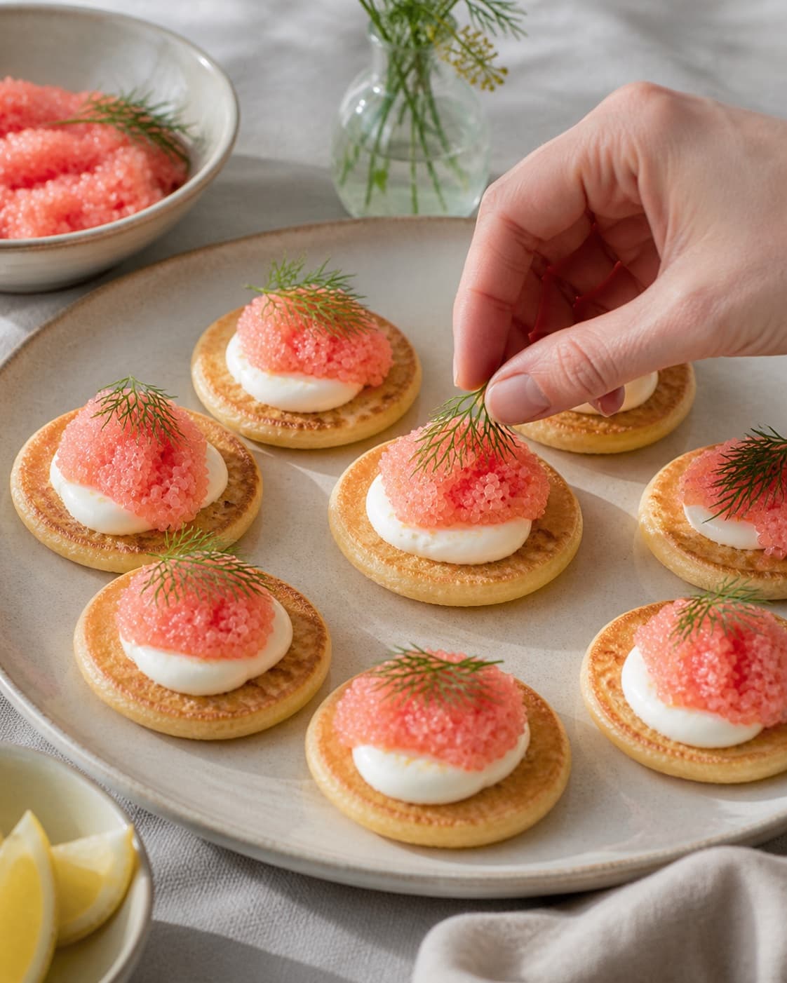 blinisene formes i ens emner på en plade under tilberedningen af blinis med stenbiderrogn, dild og citroncreme