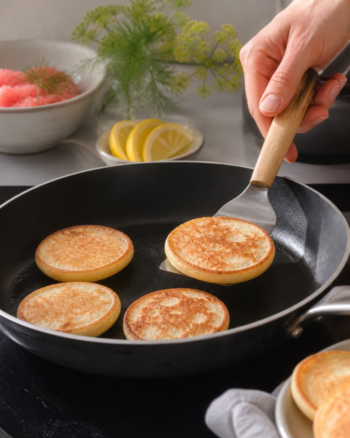 blinisene steger gylden i små hold under tilberedningen af blinis med stenbiderrogn, dild og citroncreme