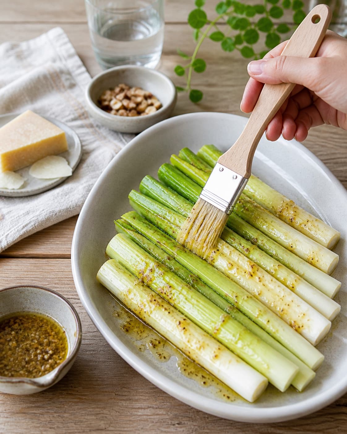 halverede porrer pensles jævnt med olie, citron og sennep under tilberedningen af bagte porrer med sennepsvinaigrette og parmesan