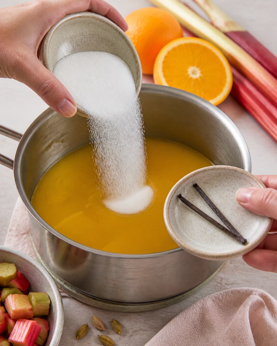 appelsinsaft, sukker og vanilje koges klart til rabarberkompotten under tilberedningen af rabarberkompot med vanilje, appelsin og kardemomme