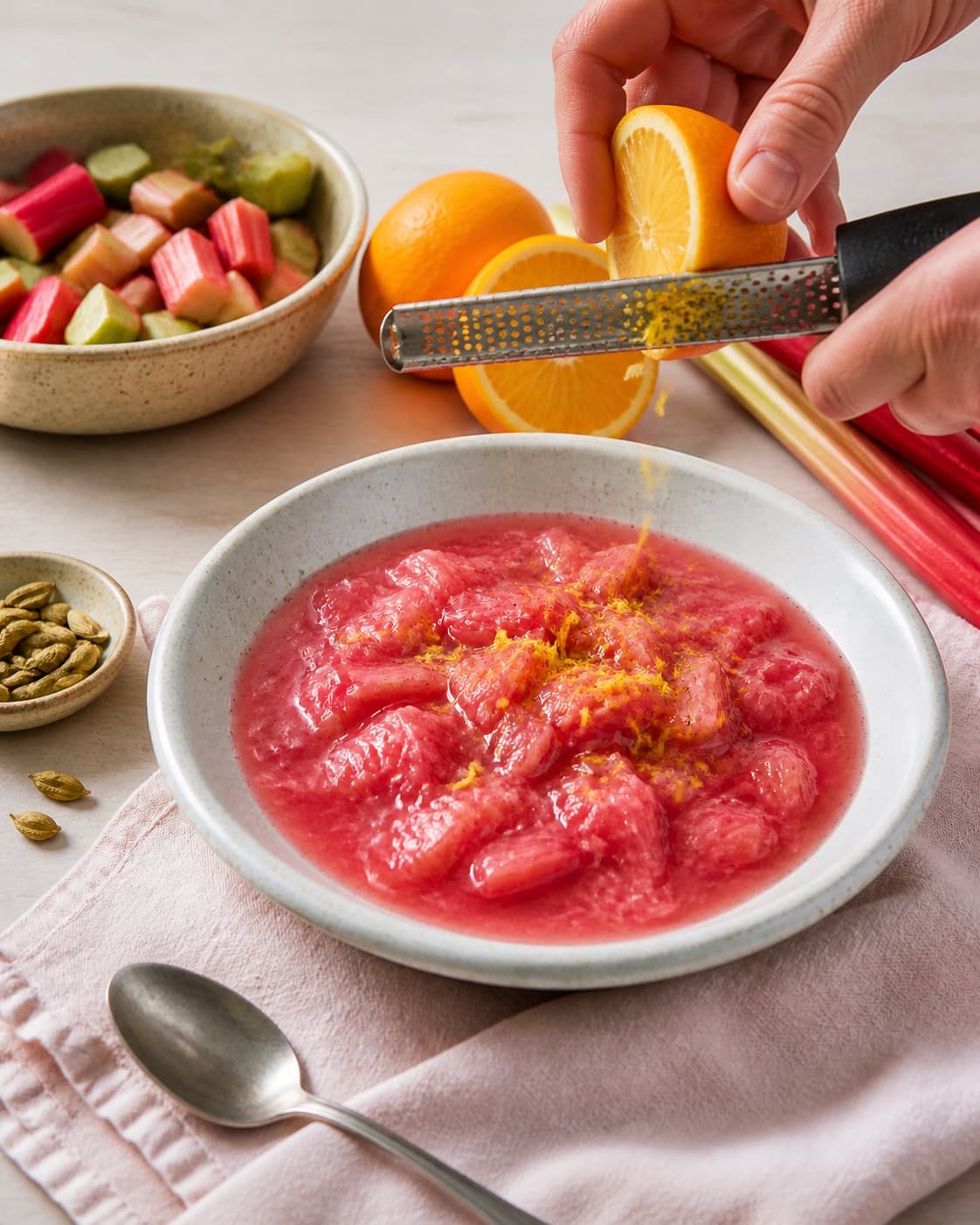 rabarberkompotten står koldt og afsluttes med frisk citronskal under tilberedningen af rabarberkompot med vanilje, appelsin og kardemomme