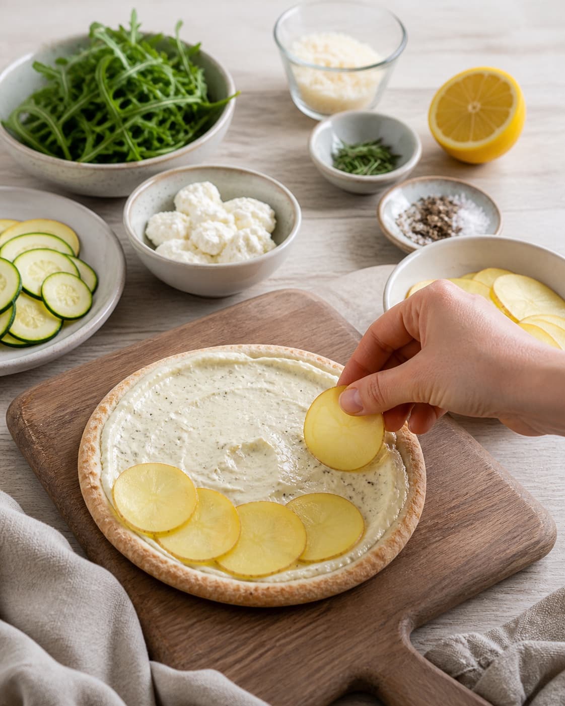 Afvejede råvarer til kartoffel-pitapizzaerne ligger adskilt i lyse skåle under tilberedningen af pitapizza med kartoffel, rosmarin og citronricotta