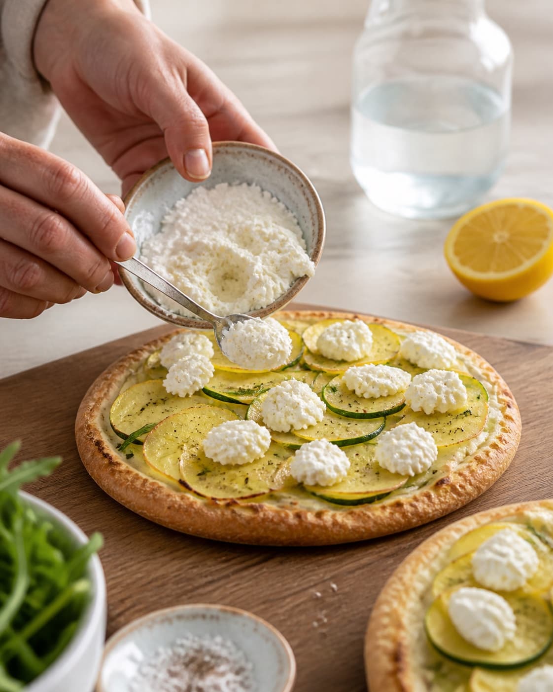 pitabrød med citronricotta samles nænsomt til kartoffel-pitapizzaerne under tilberedningen af pitapizza med kartoffel, rosmarin og citronricotta