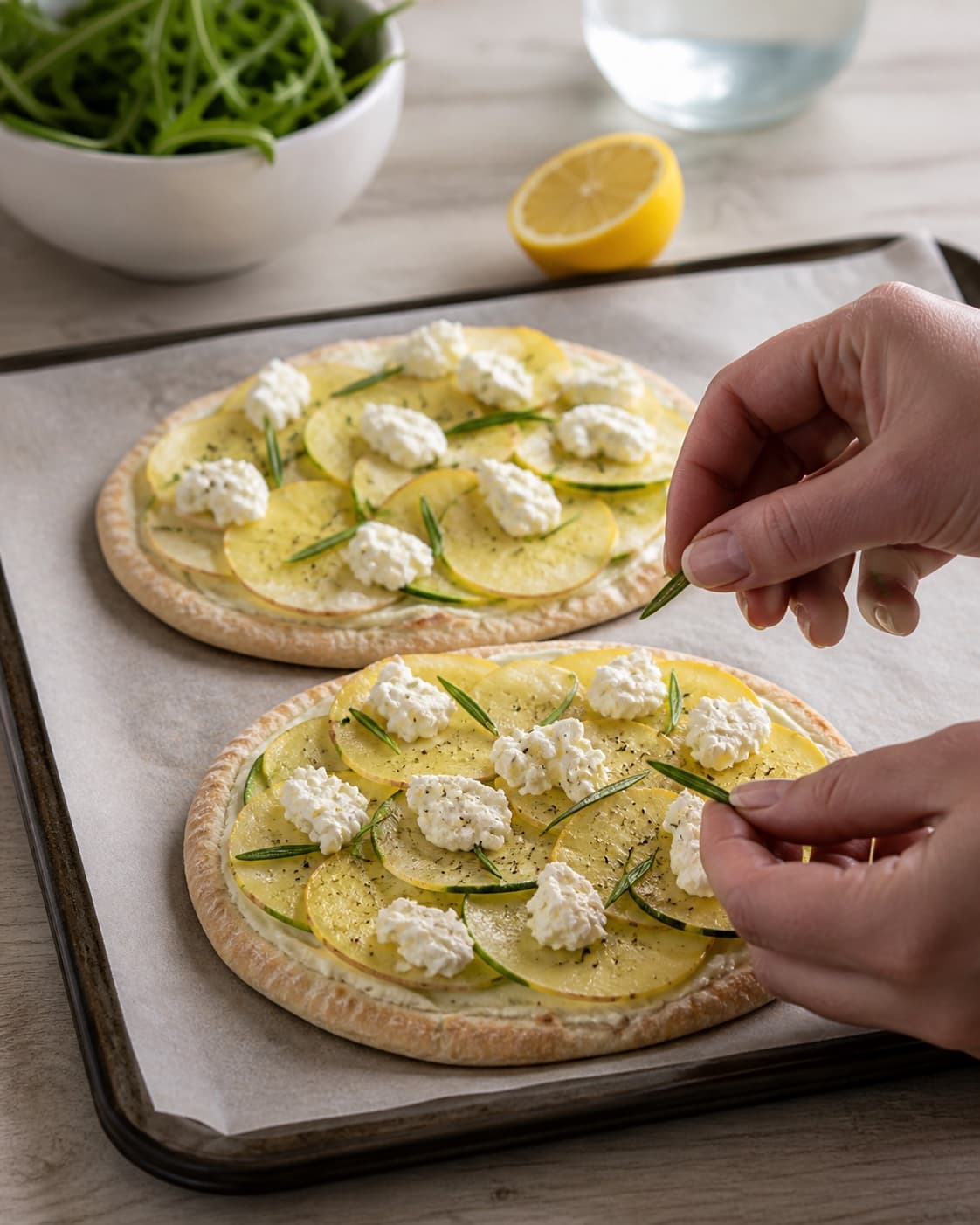 papirtynde kartofler, mozzarella og rosmarin fordeles jævnt i den ubagte kartoffel-pitapizzaerne under tilberedningen af pitapizza med kartoffel, rosmarin og citronricotta