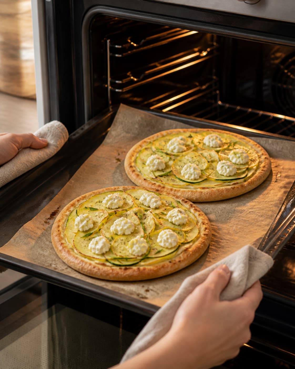 kartoffel-pitapizzaerne bager gylden med synligt fast centrum under tilberedningen af pitapizza med kartoffel, rosmarin og citronricotta