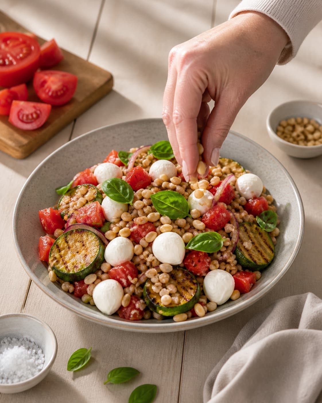 perlebygsalaten anrettes luftigt med mozzarella og pinjekerner under tilberedningen af perlebygsalat med tomat, basilikum og grillede squash