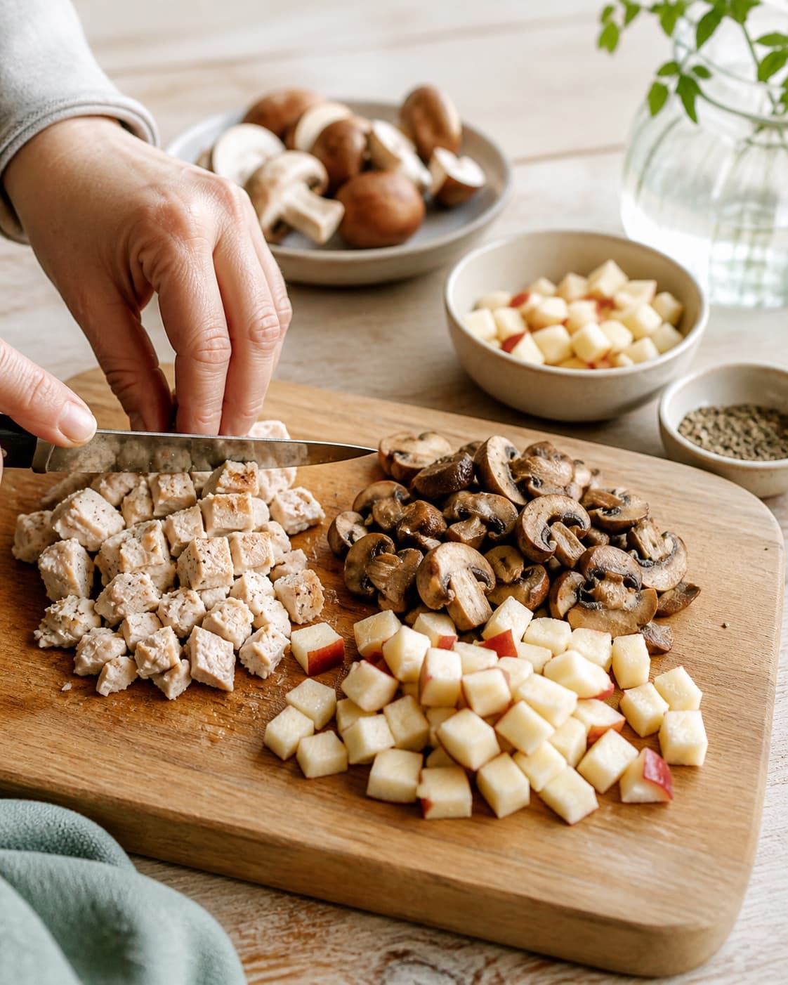 kylling, stegte svampe og æble klargøres ensartet til hønsesalaten under tilberedningen af hønsesalat med serrano, svampe og syltet æble