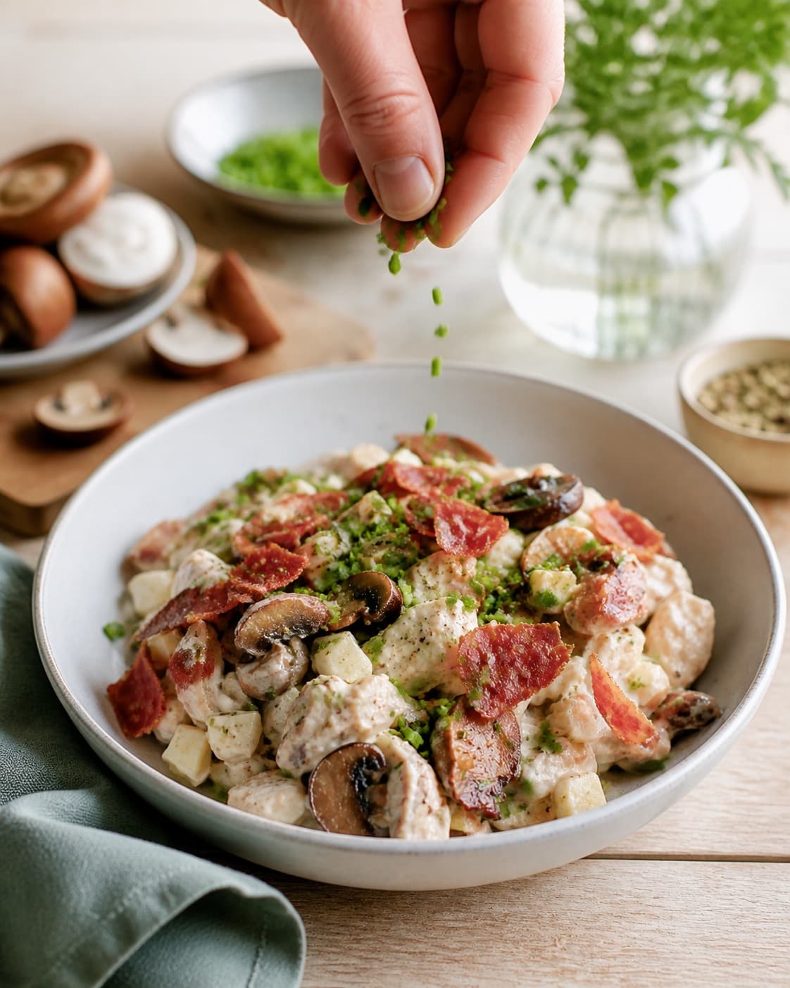 hønsesalaten anrettes luftigt med sprød serrano og purløg under tilberedningen af hønsesalat med serrano, svampe og syltet æble