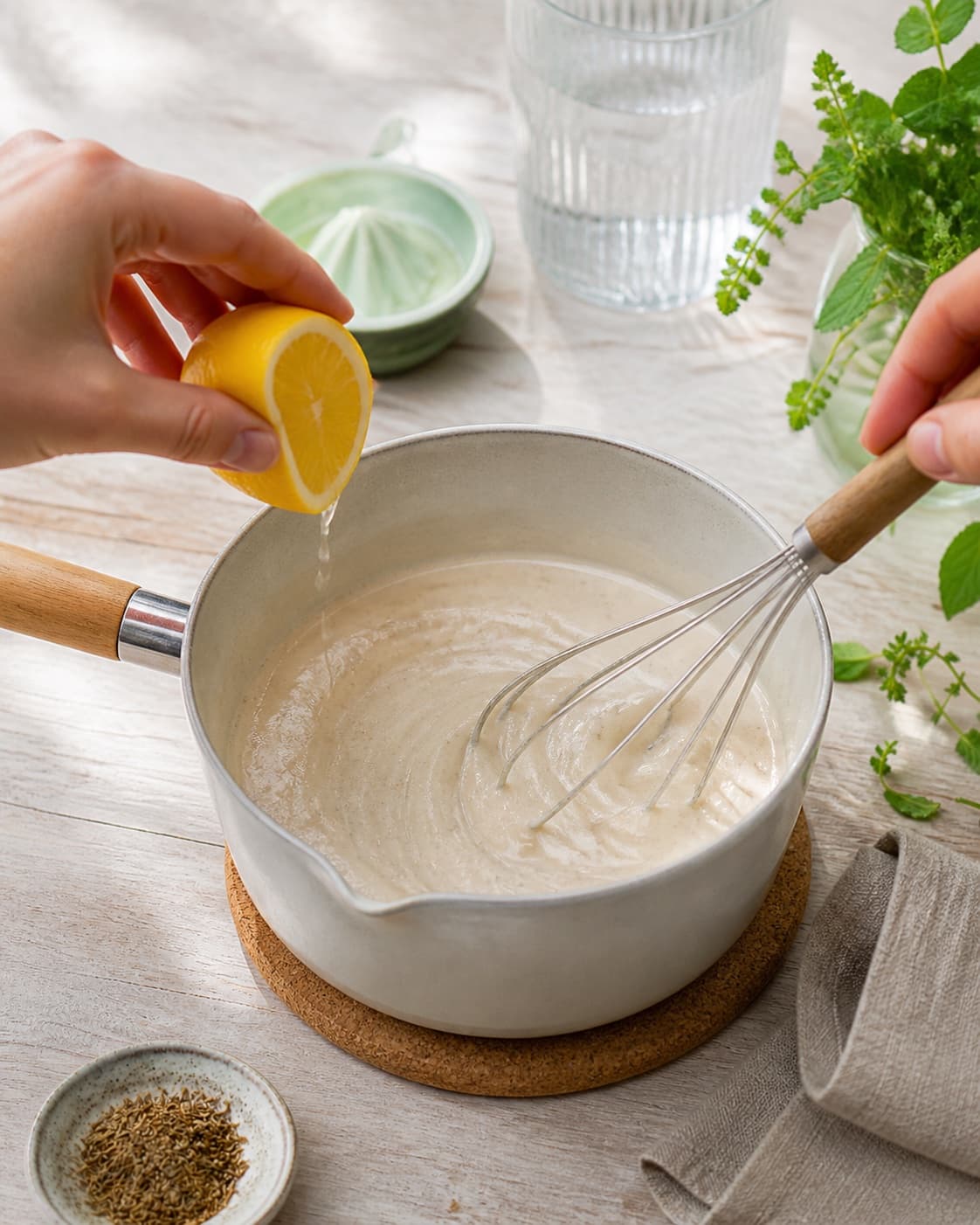 tahin, yoghurt, citron og vand koges klart til tahindressingen under tilberedningen af tahindressing med citron, yoghurt og spidskommen