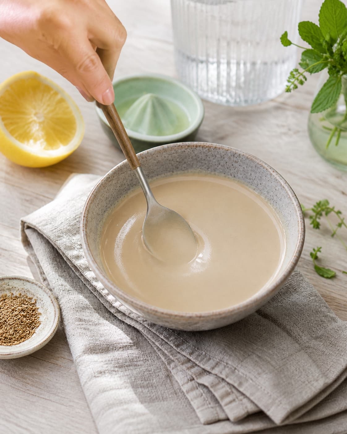 tahindressingen samles rent uden luftlommer under tilberedningen af tahindressing med citron, yoghurt og spidskommen