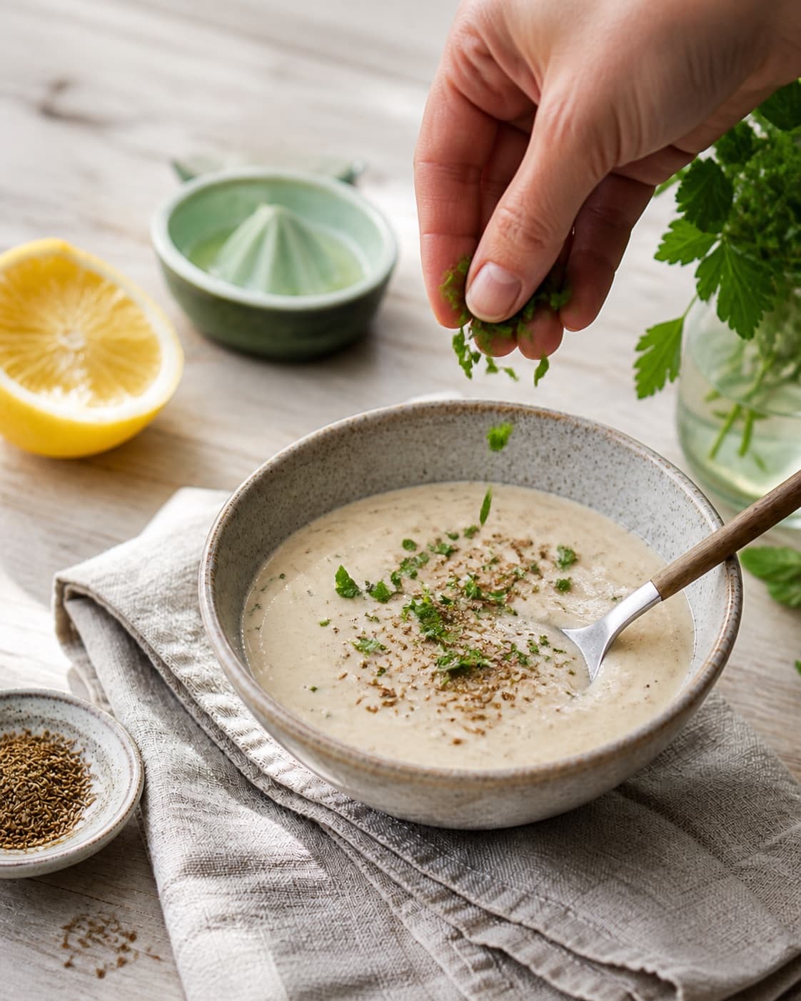 tahindressingen står koldt og afsluttes med ristet spidskommen og persille under tilberedningen af tahindressing med citron, yoghurt og spidskommen