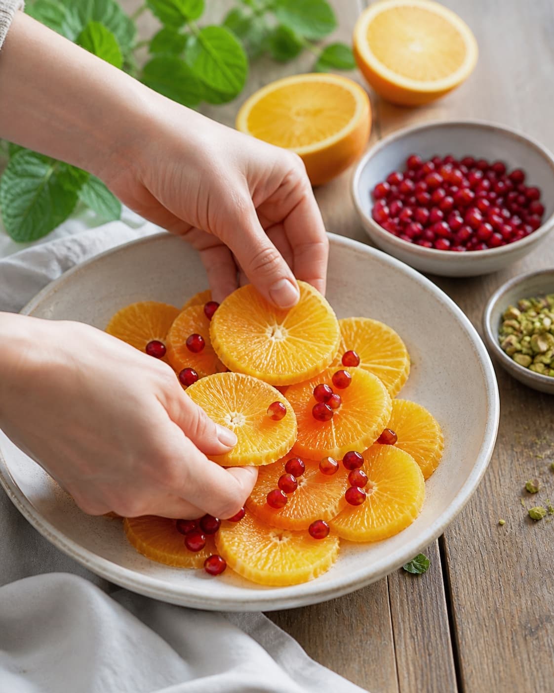 appelsinskiver og granatæble klargøres ensartet til appelsinsalaten under tilberedningen af appelsinsalat med granatæble, mynte og pistacie