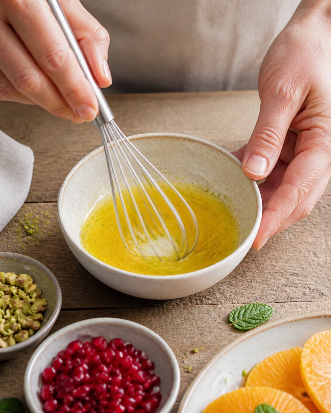 honning-limedressingen piskes blank i en lille skål under tilberedningen af appelsinsalat med granatæble, mynte og pistacie
