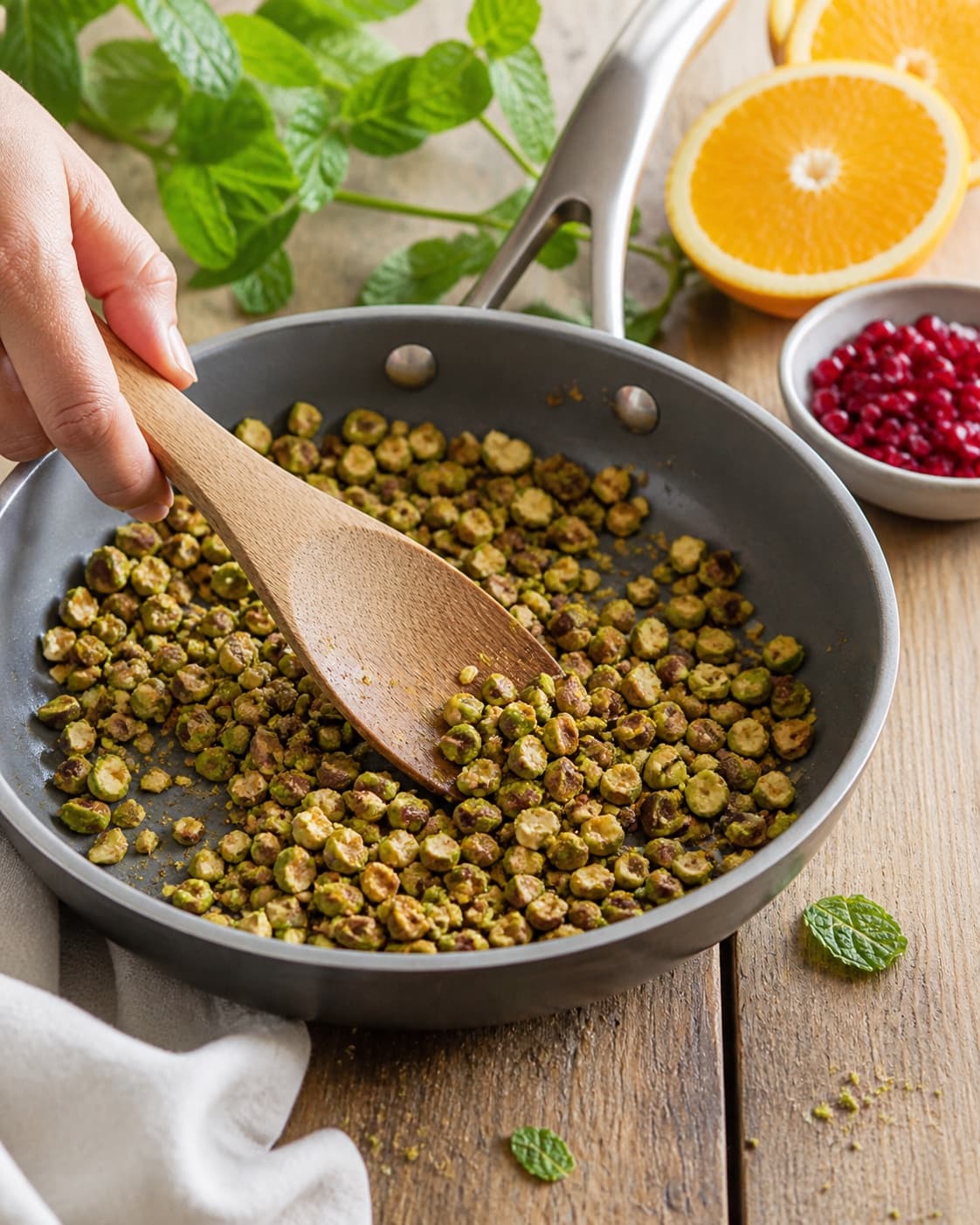 Sprødt tilbehør ristes gyldent til appelsinsalaten under tilberedningen af appelsinsalat med granatæble, mynte og pistacie