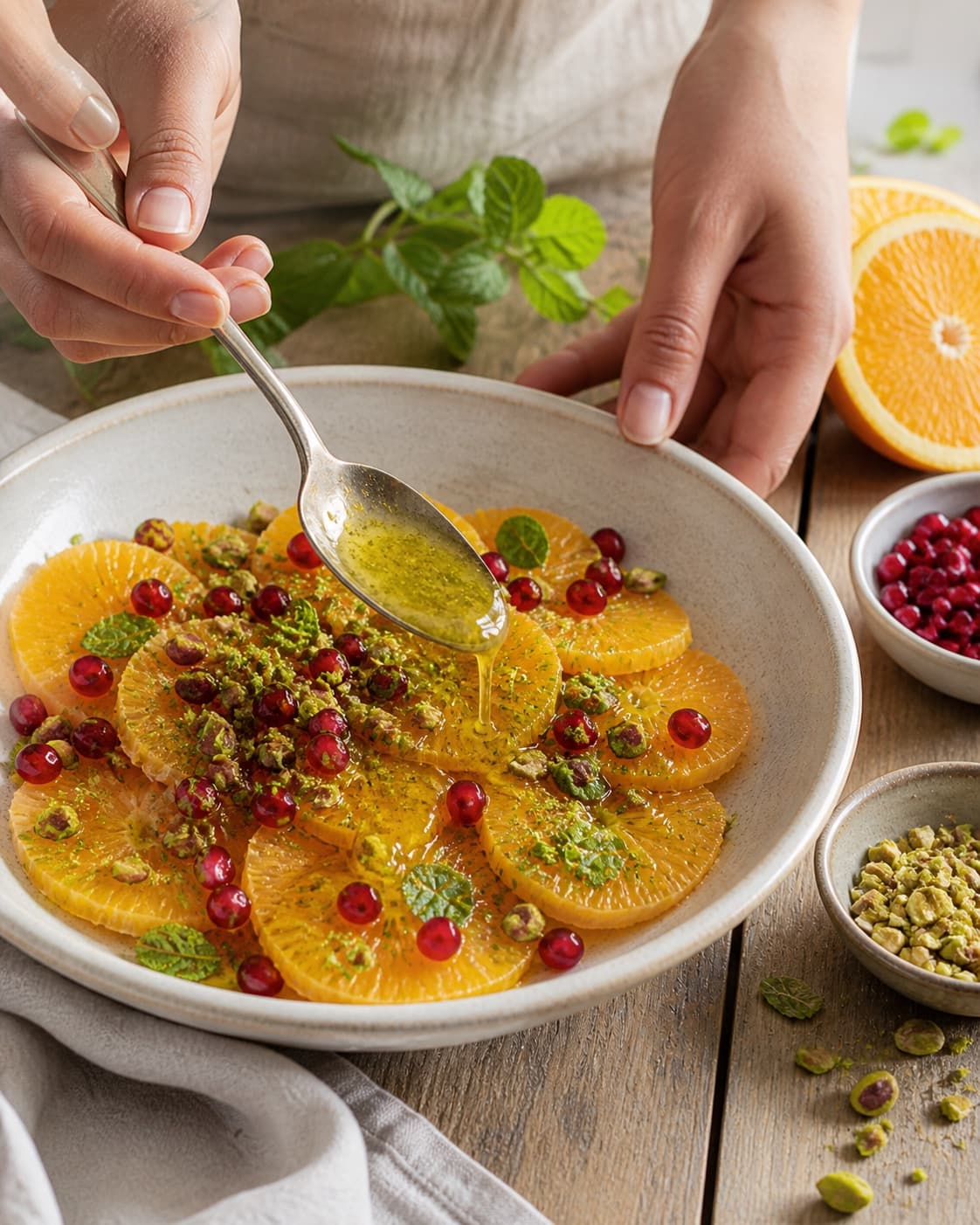 appelsinsalaten vendes nænsomt med honning-limedressingen under tilberedningen af appelsinsalat med granatæble, mynte og pistacie